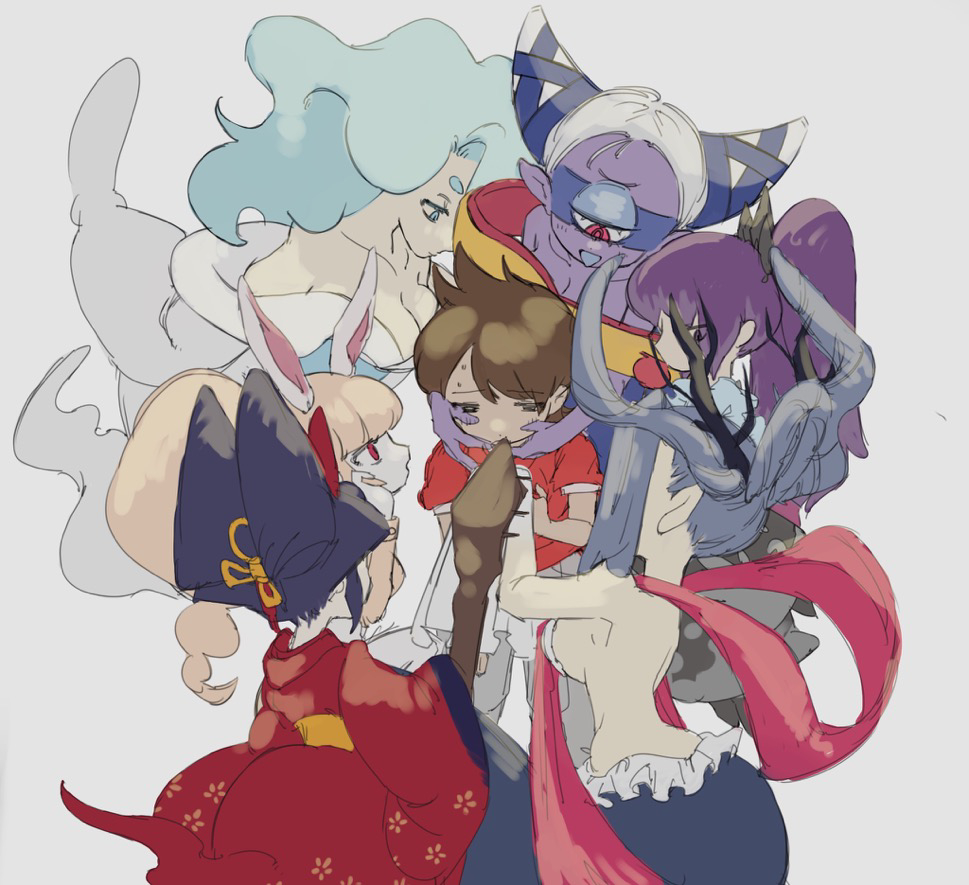 1boy 6+girls amano_keita animal_ears bare_shoulders black_kimono blue_hair breasts brown_hair cleavage colored_skin cyclops en&#039;enra enraenra_(youkai_watch) fuumin_(youkai_watch) hair_horns high_ponytail hyakkihime izanami_(youkai_watch) japanese_clothes kimono large_breasts long_hair mermaid monster_girl multiple_girls oiran_(youkai_watch) one-eyed plosauq8q733113 ponytail purple_hair purple_skin rabbit_ears rabbit_girl red_eyes short_eyebrows short_hair slooking_at_another snowrabby thick_eyebrows traditional_youkai youkai_(youkai_watch) youkai_watch