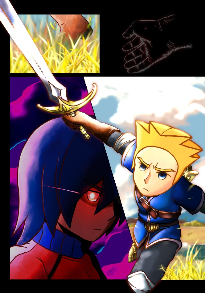 2boys armor black_eyes black_hair blonde_hair blue_eyes blue_hair glowing glowing_eyes grass holding holding_sword holding_weapon link male_focus mii_brawler mii_brawler_(smash_ultimate) mii_swordfighter mii_swordfighter_(smash_ultimate) multiple_boys nintendo outdoors red_eyes serious short_hair steam super_smash_bros. sword weapon yuufuan_&amp;_buran