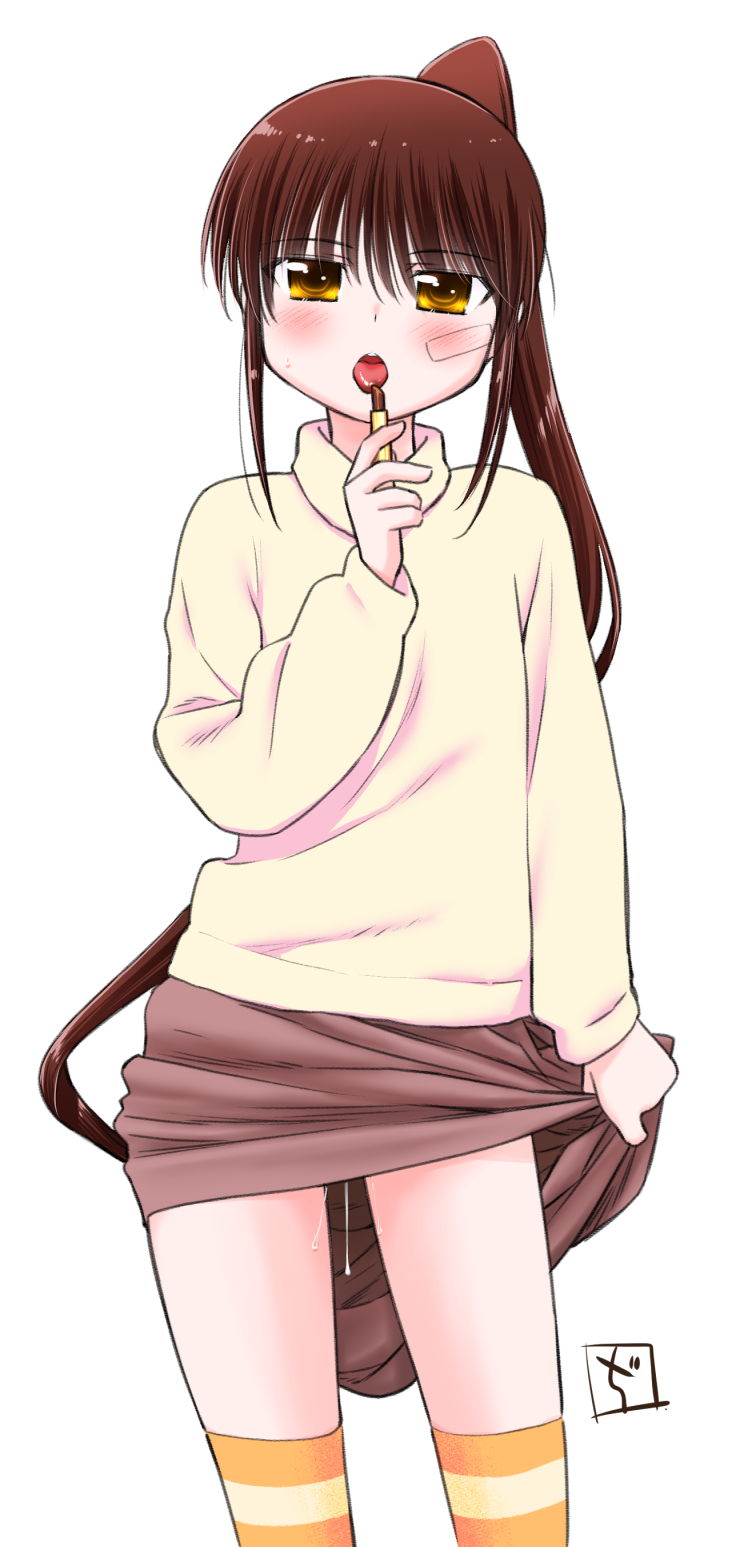 1girl bandaid bandaid_on_face blush brown_hair chocolate commentary_request ditama_bow highres kissxsis long_hair looking_at_viewer open_mouth ponytail pussy_juice simple_background skirt solo suminoe_riko sweater thighs tongue tongue_out white_background yellow_eyes