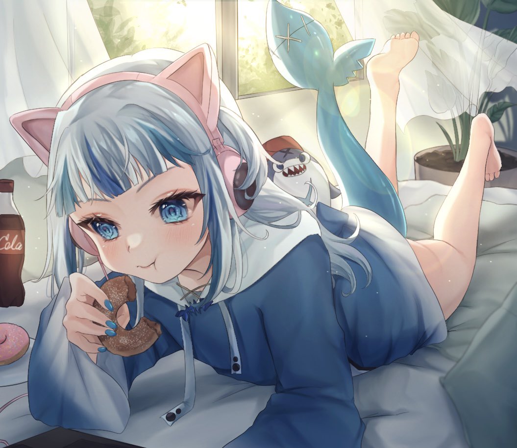 1girl animal_ear_headphones animal_ears bloop_(gawr_gura) blue_eyes blue_hair blush bottomless cat_ear_headphones cola commentary donut eating fake_animal_ears feet_up fins fish_tail food gawr_gura headphones holding holding_food hololive hololive_english hood hoodie multicolored_hair omu_kichi on_bed plant potted_plant shark_tail solo tail two-tone_hair virtual_youtuber white_hair