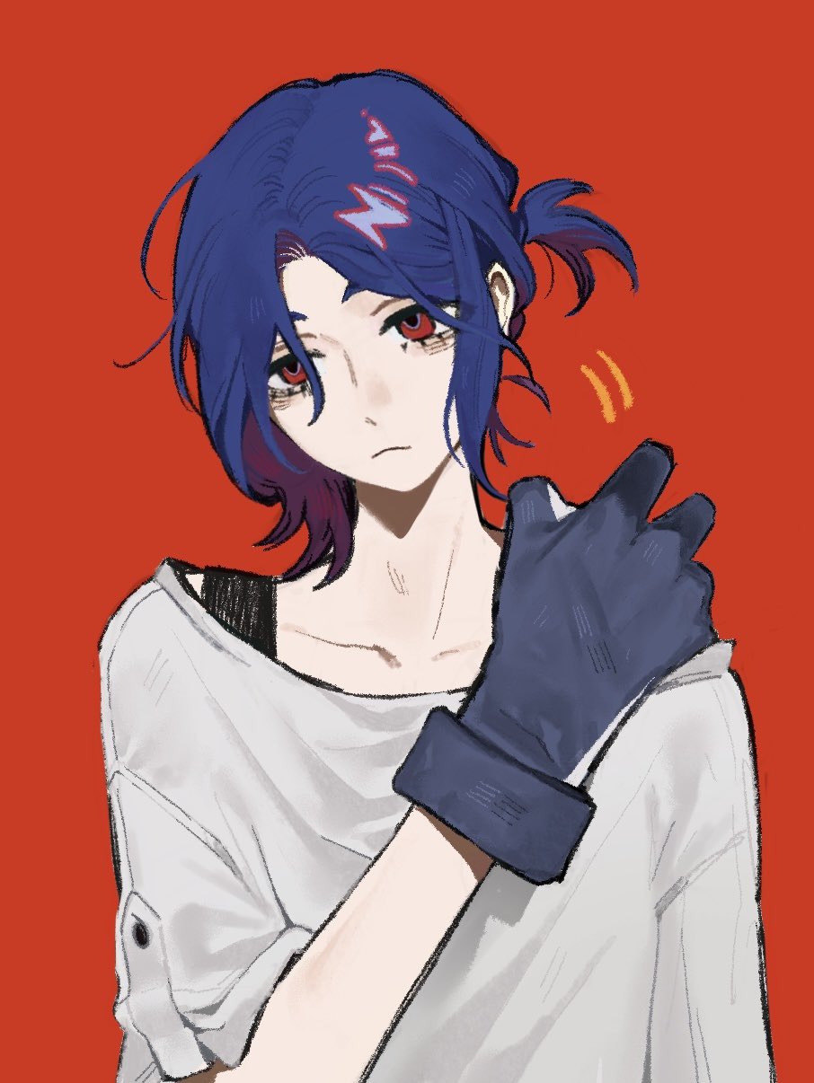 1boy bags_under_eyes black_gloves blue_hair bra_strap closed_mouth gloves gundam gundam_gquuuuuux hand_on_own_shoulder highres lower_eyelashes_only male_focus multicolored_hair nova_1810 ponytail red_background red_eyes red_hair short_ponytail shuji_ito simple_background solo upper_body