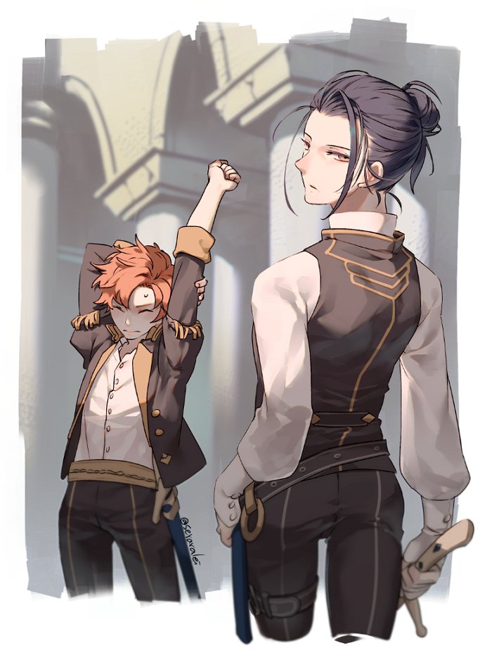 2boys :/ arms_up black_hair black_jacket black_pants black_vest clenched_hand closed_eyes closed_mouth commentary contrapposto cropped_legs english_commentary eyelashes felix_hugo_fraldarius fire_emblem fire_emblem:_three_houses frown garreg_mach_monastery_uniform gold_trim hair_bun hand_on_own_hip holding holding_sword holding_weapon holstered jacket lapels long_sleeves looking_back male_focus multiple_boys natsuyon nintendo open_clothes open_jacket orange_hair outstretched_arm pants parted_bangs parted_hair pillar pink_eyes school_uniform shirt shirt_tucked_in single_hair_bun sleeve_cuffs standing stretching sweatdrop sword sylvain_jose_gautier vest weapon white_shirt