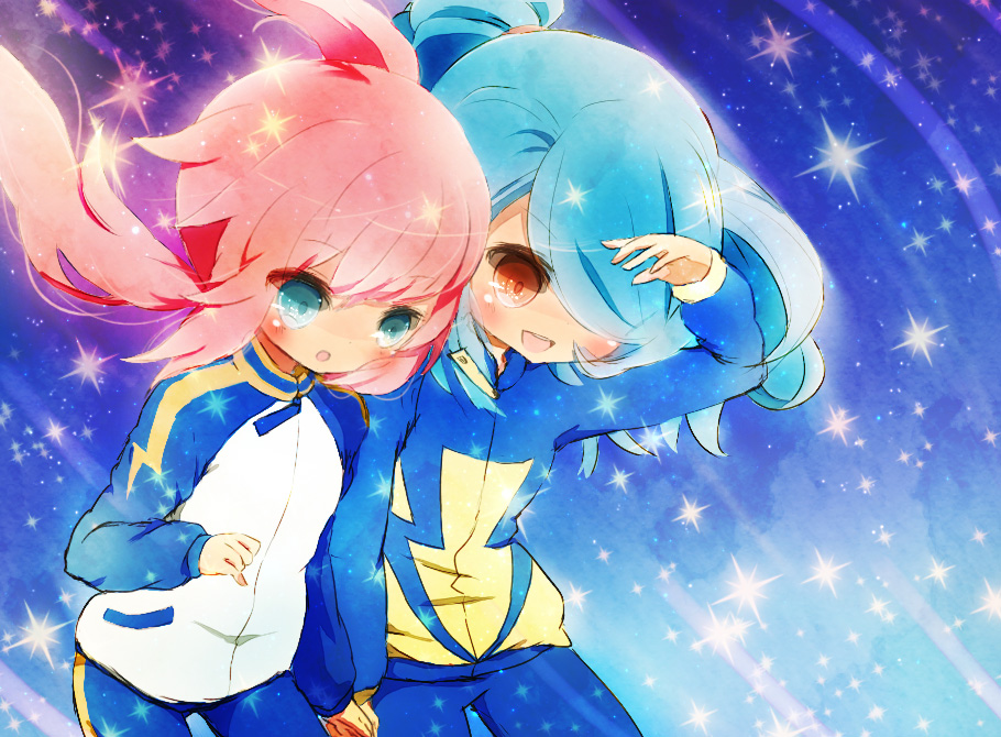 2boys androgynous bad_id bad_pixiv_id blue_eyes blue_hair blush inazuma_eleven_(series) inazuma_eleven_go kazemaru_ichirouta kirino_ranmaru long_hair male_focus multiple_boys open_mouth orange_eyes pink_hair twintails yoshida_(nono_ko)