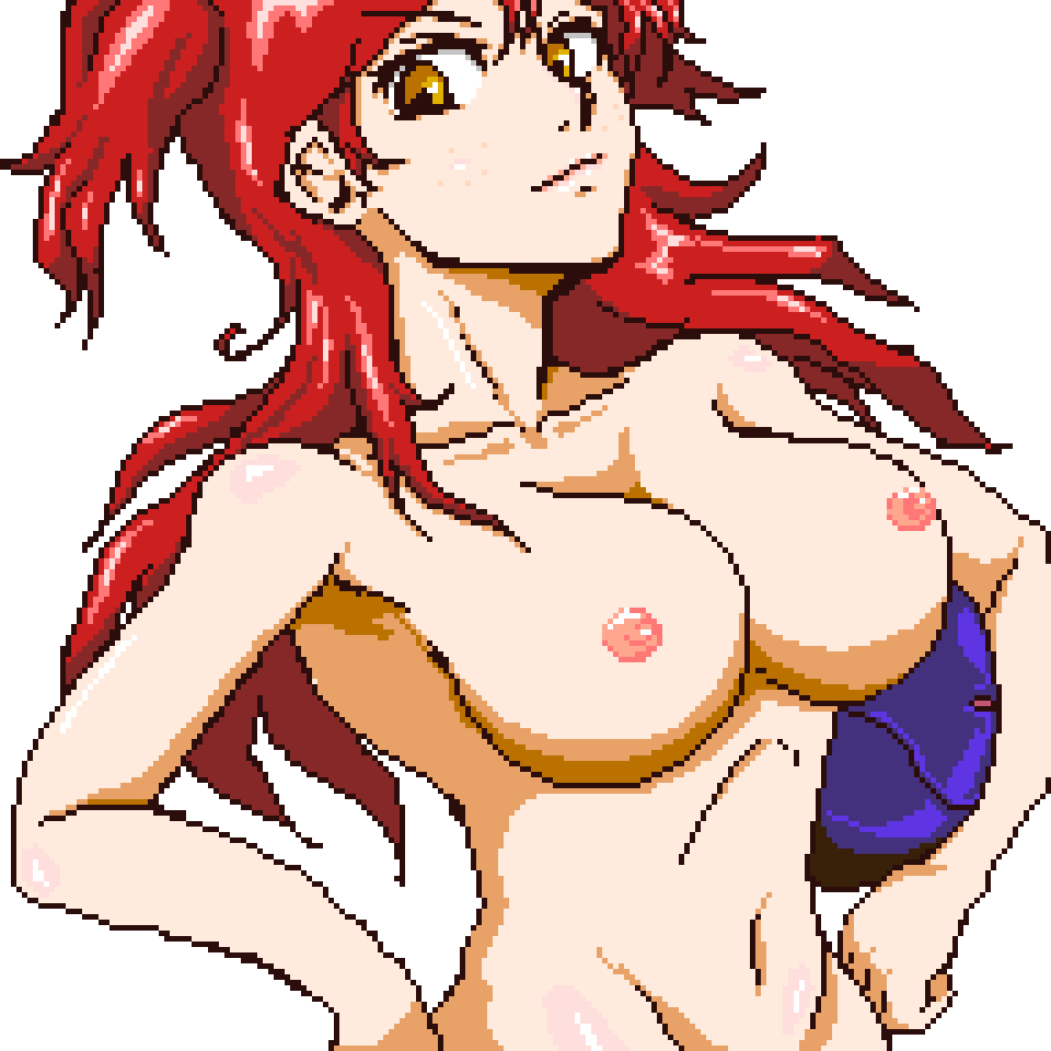 1girl armpit_peek ball beachball breasts curvy freckles gundam hands_on_own_hips large_breasts legs long_hair looking_at_viewer navel nena_trinity nipples nude pixel_art red_hair smile thighs twintails yellow_eyes