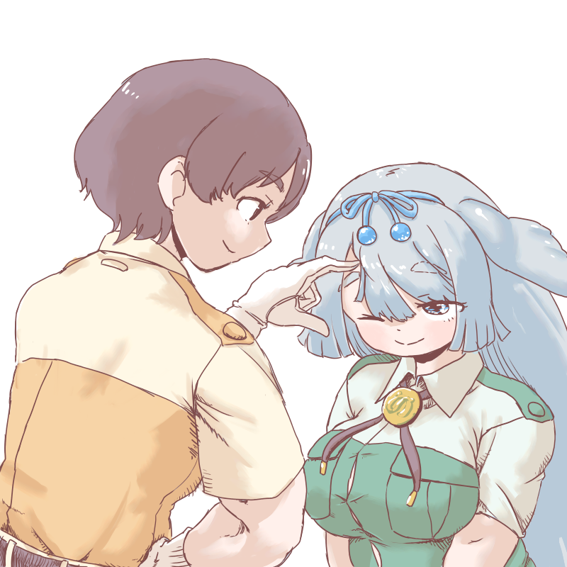 1boy 1girl animal_ears blue_eyes blue_hair blush breasts brown_hair bursting_breasts captain_(kemono_friends) commentary dugong_(kemono_friends) extra_ears fins gloves gradient_hair grey_hair hair_ornament jacket japari_symbol kemono_friends kemono_friends_3 large_breasts long_hair looking_at_another maki_(02uh14l1b740ao2) multicolored_hair one_eye_closed poking_head safari_jacket shirt short_hair short_sleeves smile