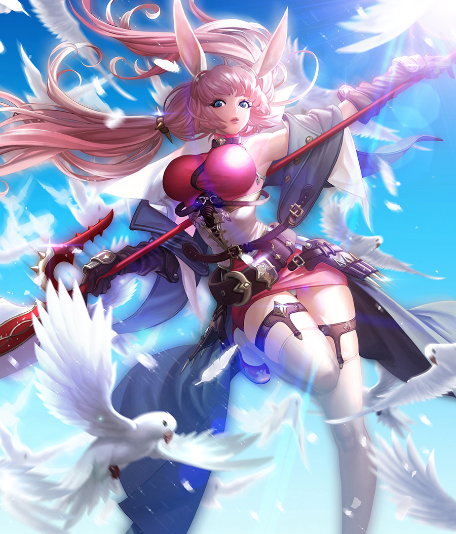 1girl animal animal_ears armpits bad_id bad_pixiv_id belt belt_buckle between_breasts bird blue_coat blue_eyes blue_sky breasts brown_gloves buckle buttons coat commentary corset cowboy_shot day dress elbow_gloves eyelashes feathers female_focus floating_hair gloves hair_ornament hair_tie high_collar holding holding_behind_back holding_weapon holding_weapon_behind_back holster lancer_(gears_of_war) large_breasts leather leather_gloves leg_up light_rays long_hair looking_at_viewer low_twintails open_clothes open_coat original outstretched_arms parted_lips pigeon pink_hair pink_lips polearm red_dress shoes short_dress skin_tight sky sleeveless sleeveless_dress solo spear spikes st_(brute18) standing standing_on_one_leg sunlight thigh_strap thighhighs twintails weapon weapon_on_back white_thighhighs