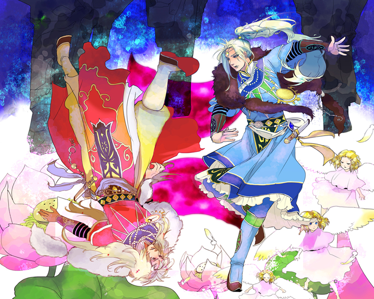 2boys 3girls angel angel_wings arm_guards blonde_hair blue_(saga_frontier) blue_eyes blue_footwear boots bracer closed_eyes dagger dress expressionless flower frills full_body fur ground_cherry jewelry knee_boots knife long_hair male_focus multiple_boys multiple_girls necklace oitsukenai outstretched_arm parted_lips pink_dress pink_flower ponytail red_footwear ring robe rouge_(saga_frontier) saga saga_frontier scarf sheath sheathed shoes siblings tabard twins upside-down weapon white_hair wide_sleeves wings