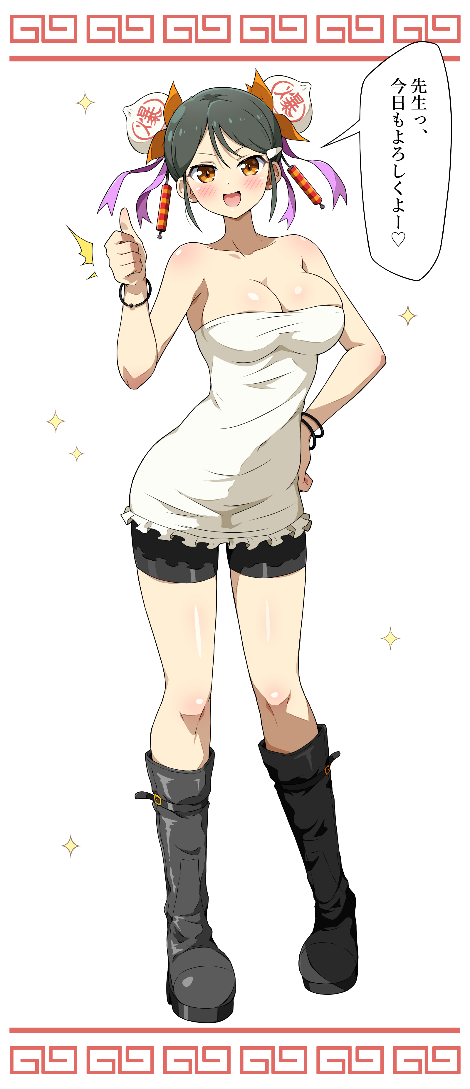 1girl :d absurdres baozi_hair_ornament bike_shorts black_boots black_hair blush body_blush boots border bracelet breasts bun_(food) cleavage collarbone commission double_bun dumpling eggman_(ni_tamagoex) firecrackers food food-themed_hair_ornament frilled_tube_top frills fuse hair_between_eyes hair_bun hair_ornament heart highres jewelry large_breasts looking_at_viewer meimei_(senran_kagura) open_mouth orange_eyes purple_ribbon red_border ribbon senran_kagura senran_kagura_new_wave shiny_skin short_hair skeb_commission smile solo sparkle speech_bubble spoken_heart standing steamed_bun strapless thumbs_up translation_request tube_top v-shaped_eyebrows white_background white_tube_top