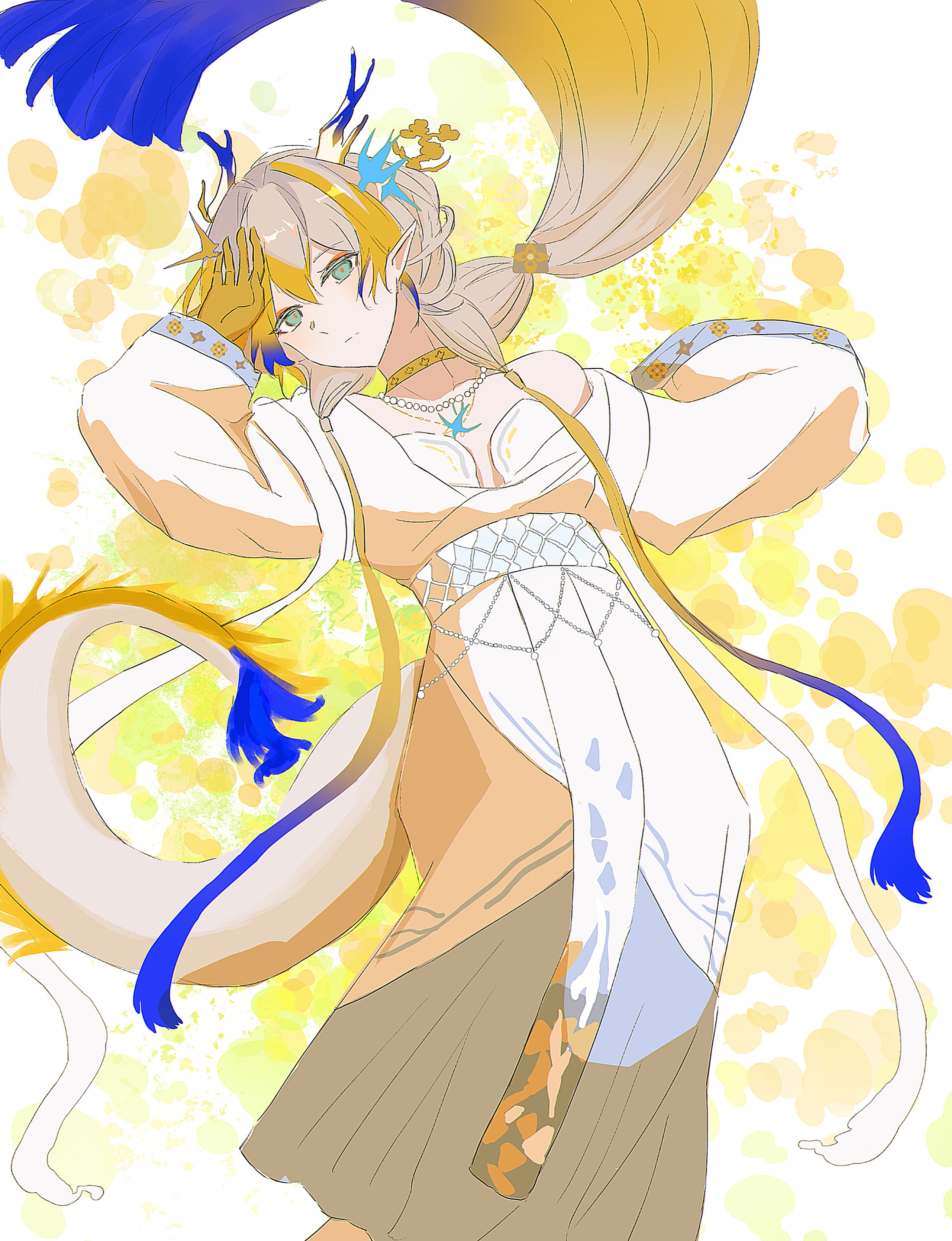 1girl absurdres ambience_synesthesia arknights arm_up bare_shoulders bellisword blonde_hair blue_hair chinese_commentary choker closed_mouth colored_extremities commentary_request dragon_girl dragon_horns dragon_tail dress expressionless floating floating_hair green_eyes grey_hair hair_between_eyes highres horns jewelry long_dress long_hair long_sleeves multicolored_hair necklace off_shoulder official_alternate_costume orange_pupils pearl_necklace pointy_ears shu_(arknights) single_sleeve_past_fingers solo split_mouth tail very_long_hair white_dress yellow_choker