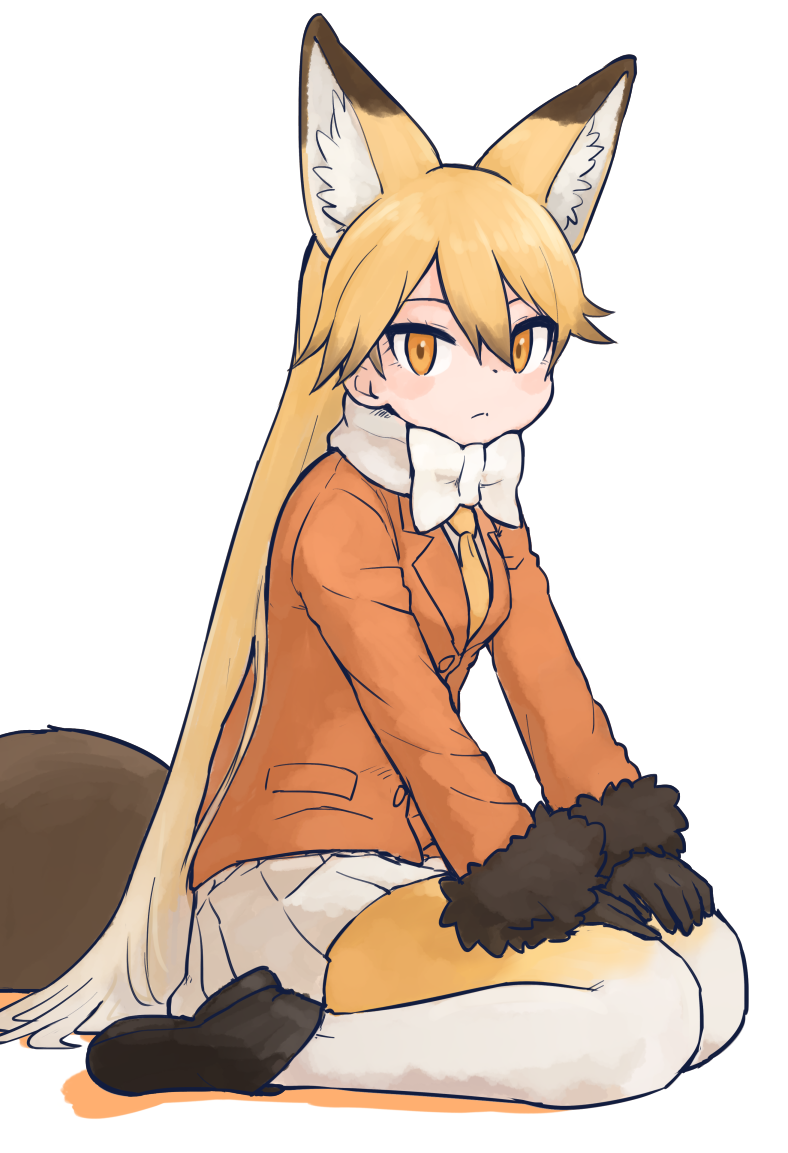1girl animal_ears bow bowtie coat commentary_request extra_ears ezo_red_fox_(kemono_friends) fox_ears fox_tail full_body fur_trim gloves gradient_hair hands_on_lap kemono_friends long_hair long_sleeves looking_at_viewer multicolored_hair necktie orange_eyes orange_hair pantyhose pleated_skirt rumenia_(ao2is) seiza simple_background sitting skirt solo tail very_long_hair white_background