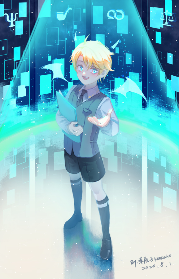 1boy 2020 :d black_necktie black_shorts blonde_hair blood blue_eyes clipboard collared_shirt davis_(tears_of_themis) full_body grey_vest holding holding_clipboard kenkako long_sleeves looking_at_viewer male_focus necktie open_mouth shirt short_hair shorts signature smile solo standing tears_of_themis vest white_shirt