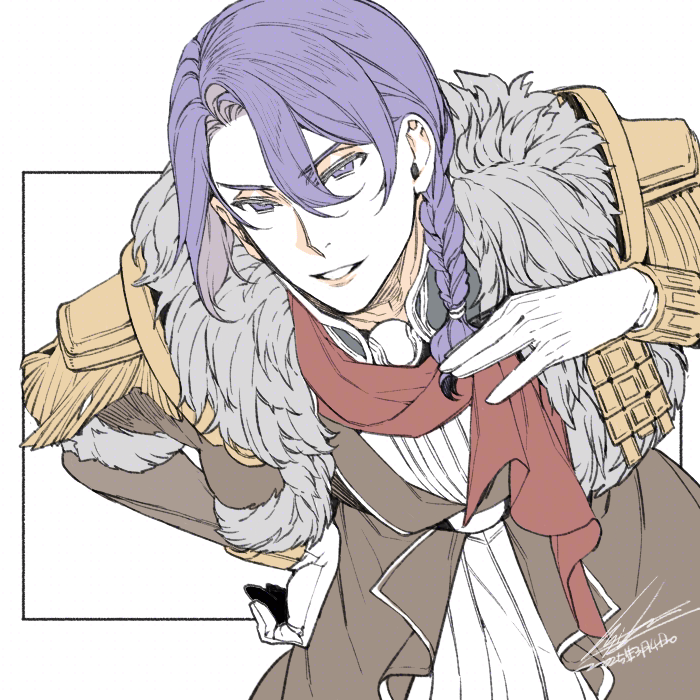 1boy black_coat braid coat cosplay dated emet-selch emet-selch_(cosplay) epaulettes final_fantasy final_fantasy_xiv gloves grey_fur hair_between_eyes hair_over_shoulder hiryuu_(kugelcruor) hythlodaeus long_hair male_focus parted_lips purple_eyes purple_hair red_scarf scarf shirt signature single_braid smile solo upper_body white_background white_gloves white_shirt