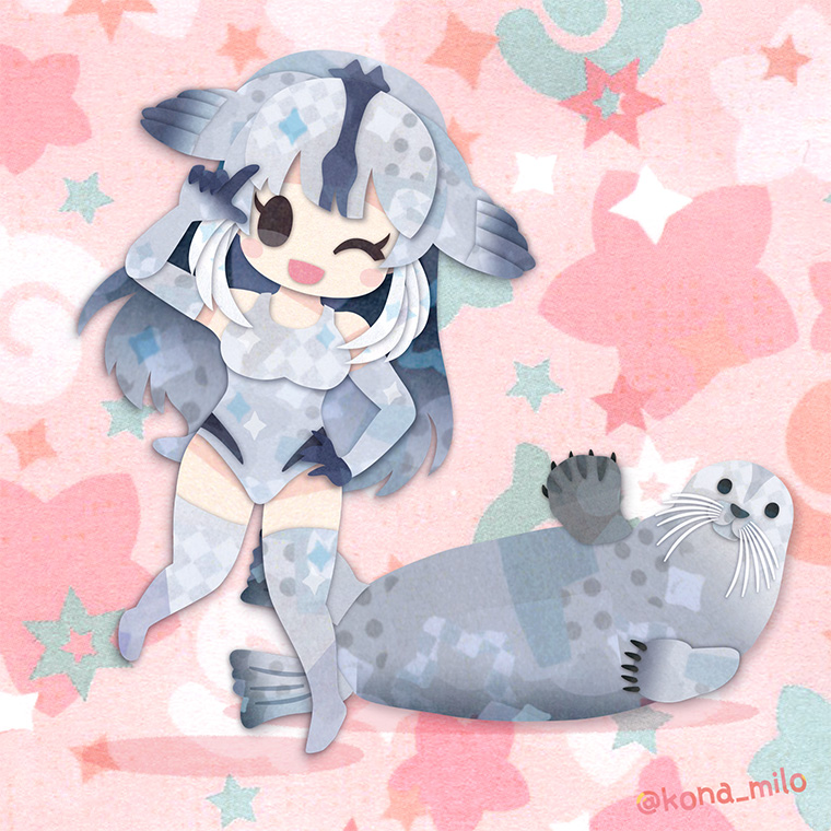 1girl animal bearded_seal_(kemono_friends) black_eyes elbow_gloves fins full_body gloves grey_hair head_fins japari_symbol kemono_friends kikuchi_milo long_hair looking_at_viewer one_eye_closed pink_background simple_background star_(symbol) swimsuit tail thighhighs
