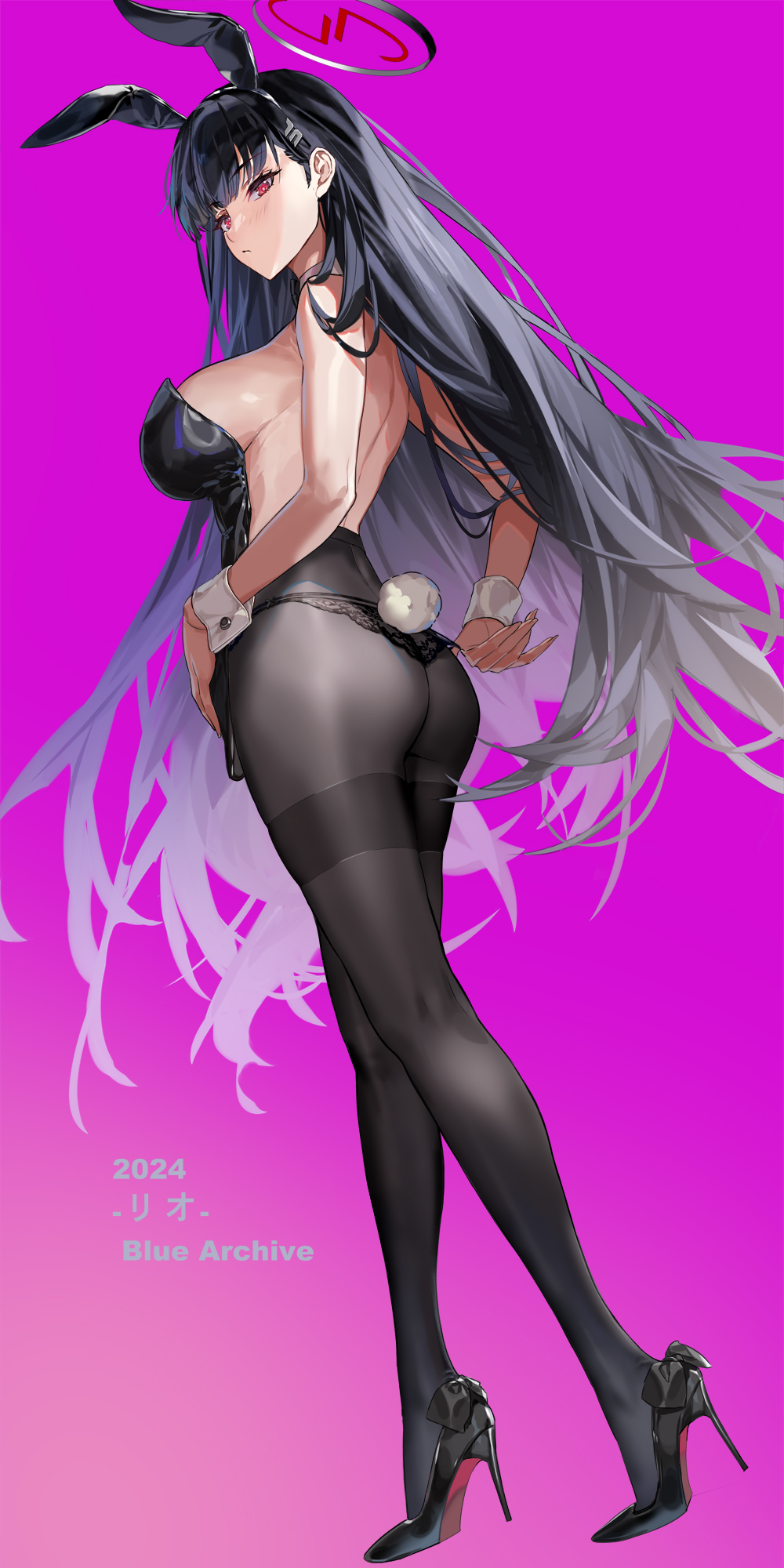 1girl animal_ears ass back bare_shoulders black_hair black_leotard black_shoes blue_archive blush breasts closed_mouth detached_collar fake_animal_ears fake_tail from_behind full_body high_heels highres large_breasts leotard leotard_removed long_hair looking_at_viewer looking_back miyazakisoul panties panties_over_pantyhose panty_pull pantyhose patent_heels playboy_bunny pumps rabbit_ears rabbit_tail red_eyes red_soles rio_(blue_archive) shoes sideboob simple_background solo standing stiletto_heels strapless strapless_leotard tail thighs topless_female underwear very_long_hair wrist_cuffs