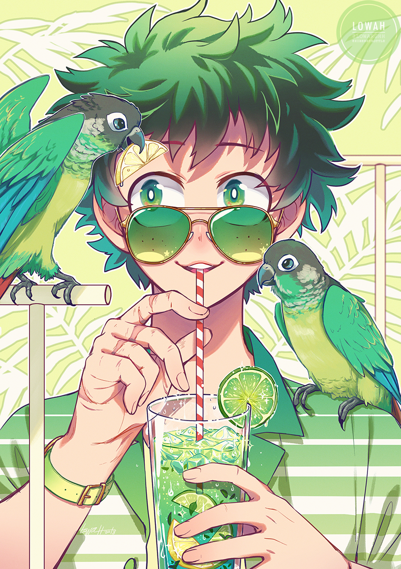 1boy artist_name beak_hold bespectacled bird boku_no_hero_academia casual collared_shirt commentary condensation cup curly_hair drink drinking drinking_glass drinking_straw drinking_straw_in_mouth eyes_visible_through_eyewear eyes_visible_through_hair fashion fingernails food freckles fruit garnish glasses gradient_clothes gradient_shirt green-tinted_eyewear green_eyes green_hair green_shirt green_theme holding holding_cup holding_drink holding_drinking_straw ice ice_cube leaf leaf_background lemon lemon_slice lime_(fruit) looking_at_animal lowah midoriya_izuku mouth_hold multiple_scars outline parrot scar scar_on_hand shirt short_hair signature smile sparkle striped_clothes striped_shirt teeth tinted_eyewear twitter_username two-tone_background undershirt upper_teeth_only watch watermark white_outline wristwatch yellow-framed_eyewear