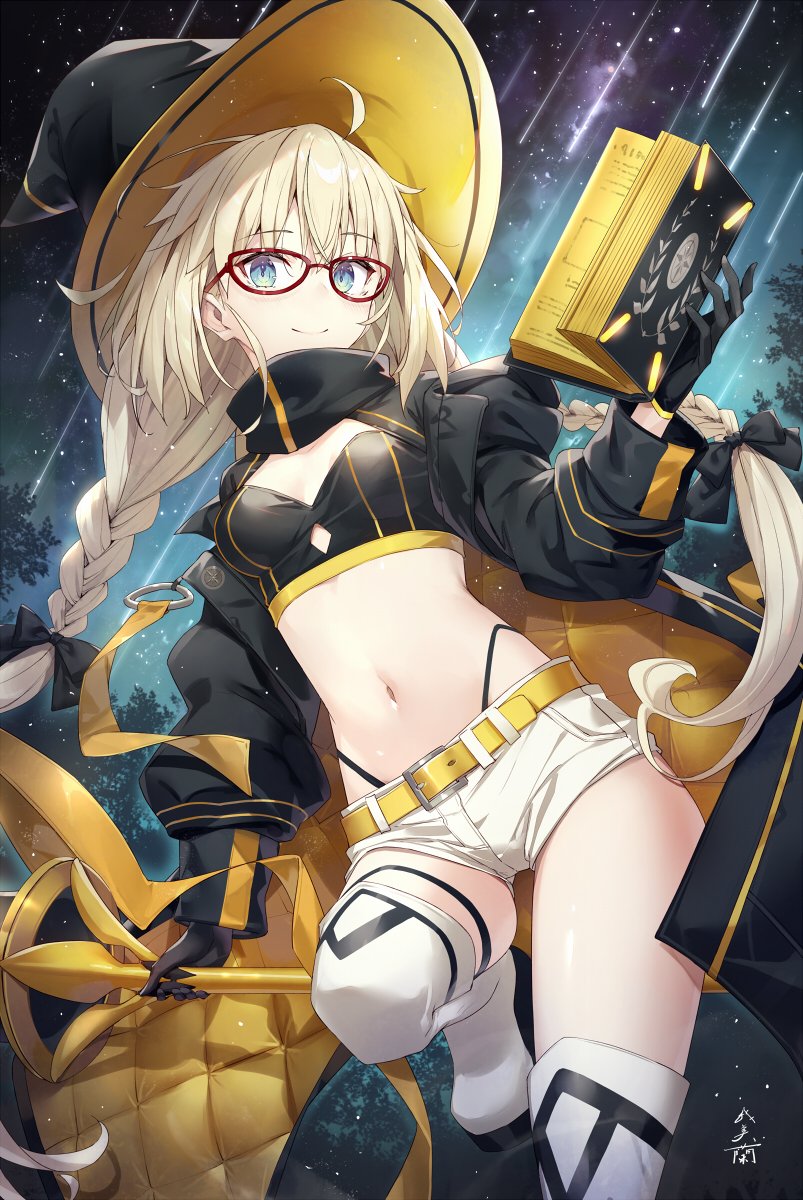 1girl aesc_(exhibition_attire)_(fate) aesc_(fate) aesc_(rain_witch)_(fate) blonde_hair blue_eyes book braid braided_twintails breasts cleavage crop_top fate/grand_order fate_(series) gabiran glasses gold_belt hat highleg highleg_panties highres holding holding_book holding_staff long_hair long_sleeves looking_at_viewer low_twin_braids medium_breasts micro_shorts navel official_alternate_costume panties red-framed_eyewear shorts smile solo staff twin_braids underwear white_shorts wide_brim witch_hat