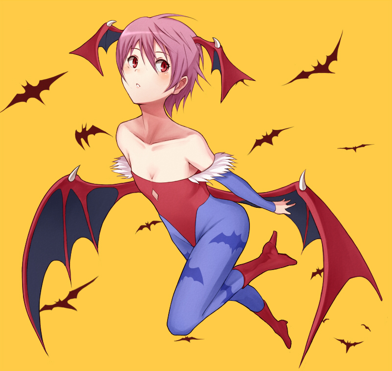 1girl bats breasts cleavage cleavage_cutout clothing_cutout demon_girl flying high_heels lilith_(darkstalkers) purple_hair red_eyes short_hair wings