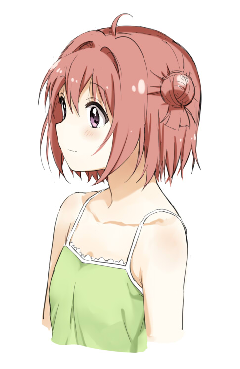 1girl ahoge akaza_akari bare_shoulders blush breasts closed_mouth collarbone green_shirt purple_eyes red_hair shikou_sakugo_(qqap9gt9k) shirt short_hair simple_background sleeveless small_breasts smile solo upper_body white_background yuruyuri