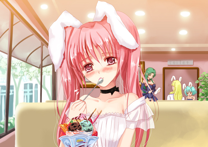 blonde_hair blue_hair blush chiester00 chiester410 chiester45 chiester_sisters crossover eating food green_hair higurashi_no_naku_koro_ni ice_cream long_hair pink_hair red_eyes ribbon ringo_apple sonozaki_shion twintails umineko_no_naku_koro_ni