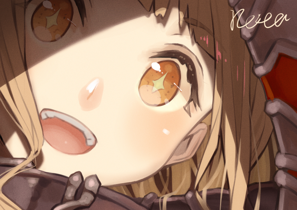 1girl bad_id bad_pixiv_id blonde_hair blush buckle close-up happy hood hood_up hoshizaki_reita long_hair open_mouth orange_eyes red_riding_hood_(sinoalice) sidelocks signature sinoalice solo symbol-shaped_pupils