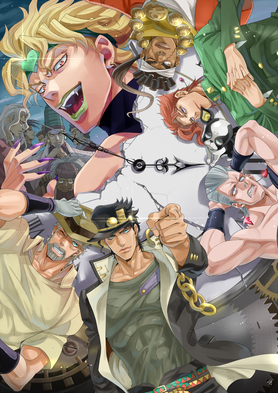 1girl 6+boys alessi birthmark black_hair blonde_hair blue_eyes brown_eyes brown_hair chain clock_hands daniel_j._d&#039;arby dark-skinned_male dark_skin dio_brando dog earrings enya_geil facial_mark fangs fingernails gakuran gears gloves green_eyes green_hair green_lips grey_hair grin hariyama_(toubou_tengoku) hat headband highres iggy_(jojo) interlocked_fingers jean_pierre_polnareff jewelry jojo_no_kimyou_na_bouken joseph_joestar joseph_joestar_(old) kakyoin_noriaki kujo_jotaro&#039;s_pose_(jojo) kuujou_joutarou lipstick long_hair makeup mohammed_avdol multiple_boys n&#039;doul nail_polish no_eyebrows old old_woman one_eye_closed pointing pointing_at_viewer ponytail purple_eyes purple_nails red_eyes red_hair school_uniform sharp_fingernails smile sparkle sunglasses tattoo terence_t._d&#039;arby white_hair wristband