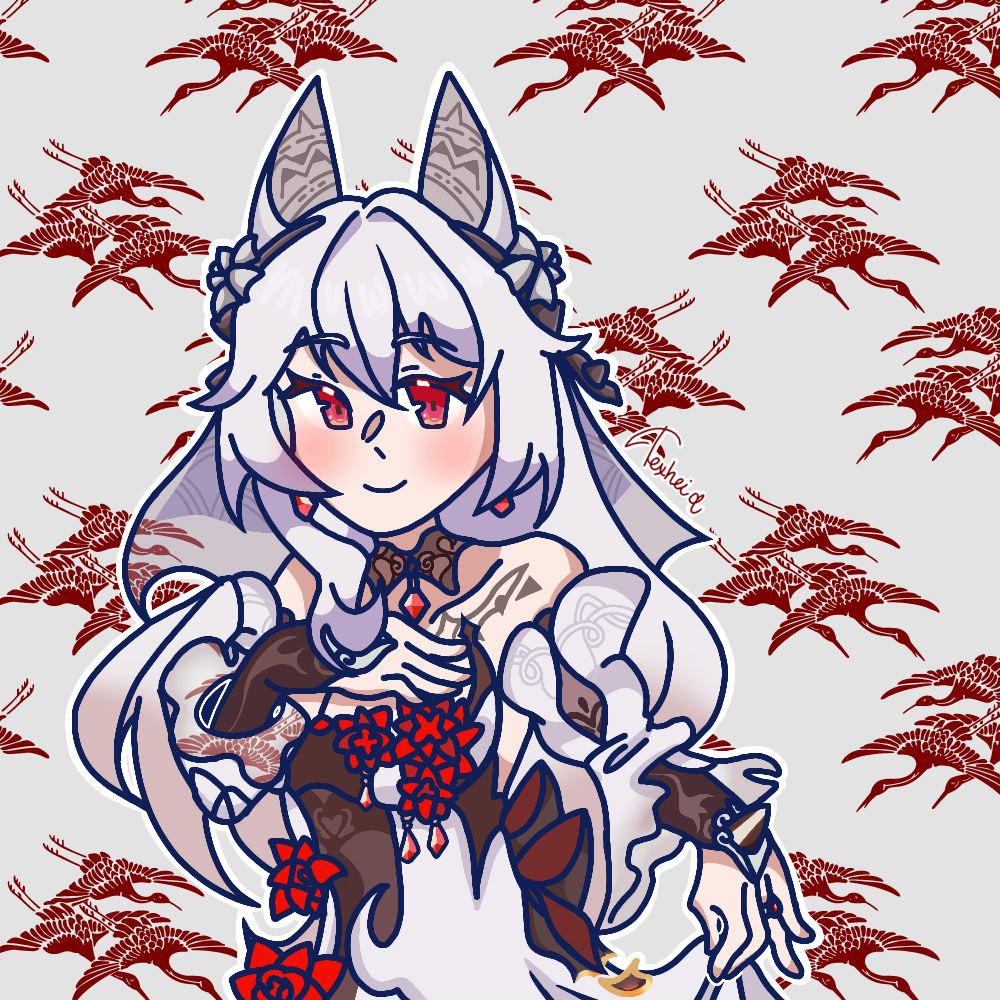 1girl black_ribbon crystal dress earrings flower food-themed_earrings happy honkai_(series) honkai_impact_3rd jewelry long_hair non-web_source original red_eyes red_flower red_pepper_earrings ribbon ring shy spikes texhei.q theresa_apocalypse theresa_apocalypse_(luna_kindred) theresa_apocalypse_(lunar_vow:_crimson_love) theresa_apocalypse_(till_death_do_us_part) white_dress white_flower white_hair