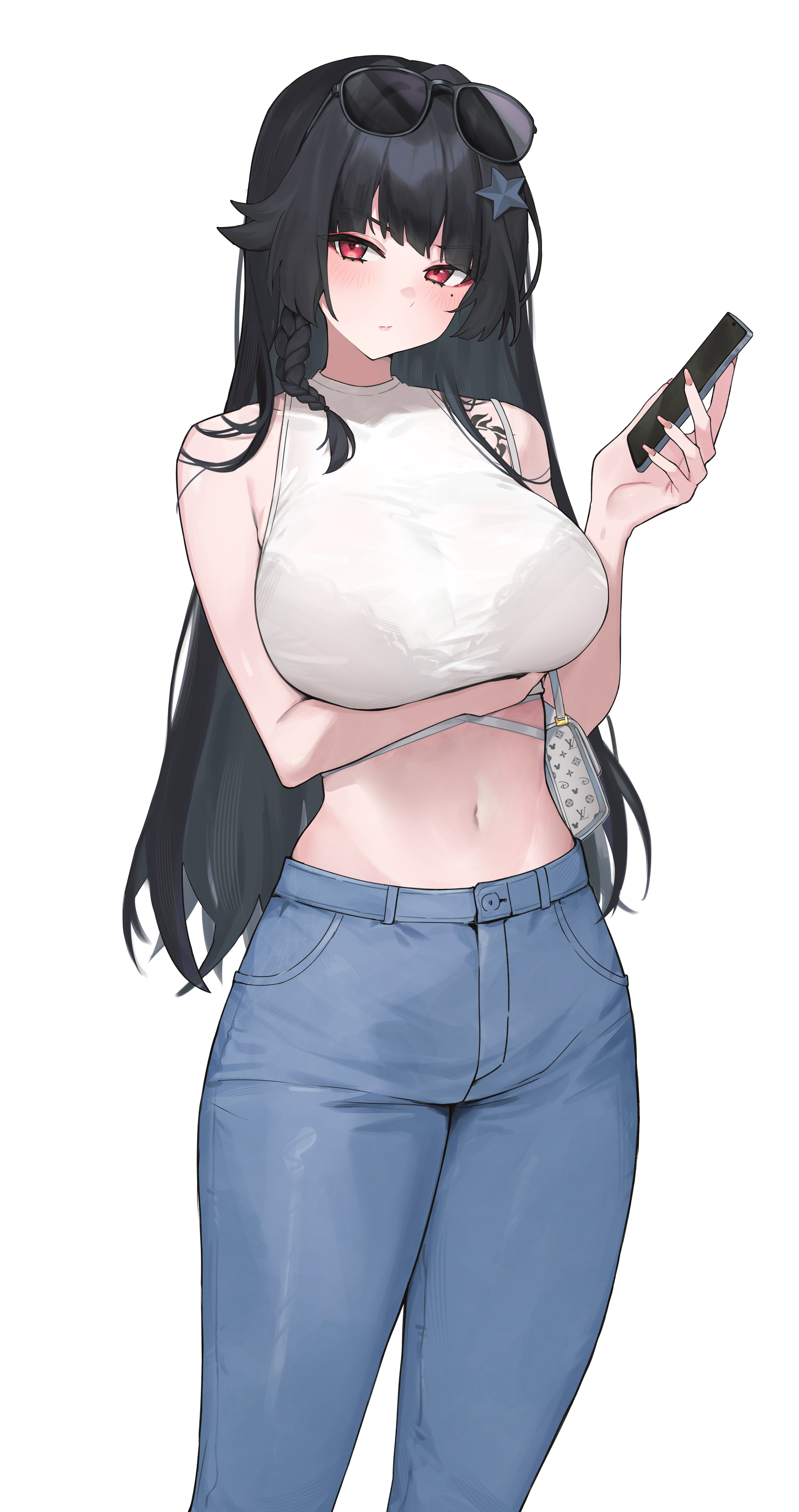 1girl absurdres arm_under_breasts black_hair blunt_bangs bra_visible_through_clothes braid breasts cellphone eyewear_on_head halter_shirt halterneck highres kevinlim39 large_breasts long_hair looking_at_viewer mole mole_under_eye navel phone red_eyes shoulder_tattoo smartphone solo tatakau_ni_atai_suru tattoo yamaguchi_ryoko