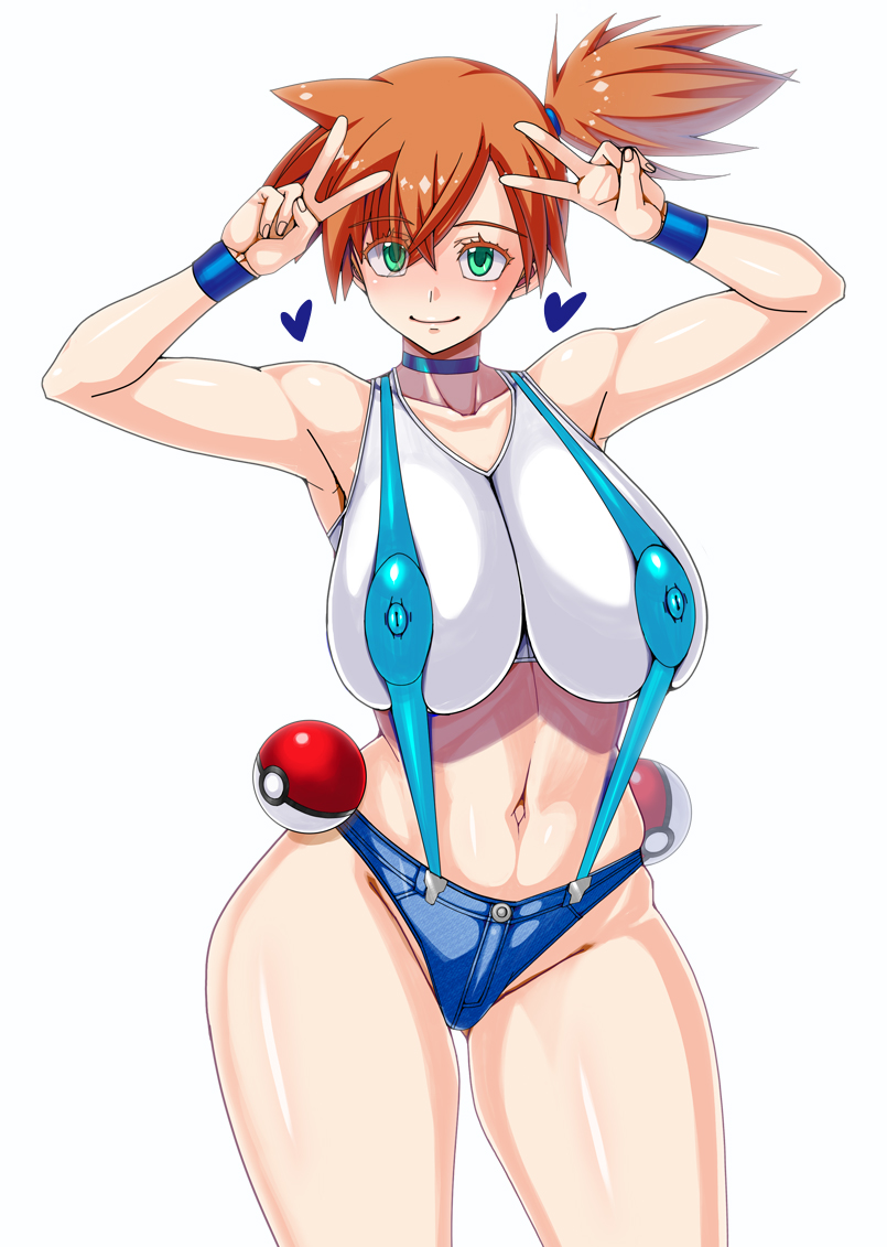 1girl alternate_breast_size armpits asymmetrical_hair breasts curvy denim denim_shorts double_v green_eyes heart huge_breasts kinokoallstars large_breasts looking_at_viewer midriff misty_(pokemon) navel nintendo nipples orange_hair pokemon pokemon_(anime) pokemon_(classic_anime) ponytail puffy_areolae shirt short_shorts shorts side_ponytail smile solo suspenders thick_thighs thighs v wet white_shirt wide_hips