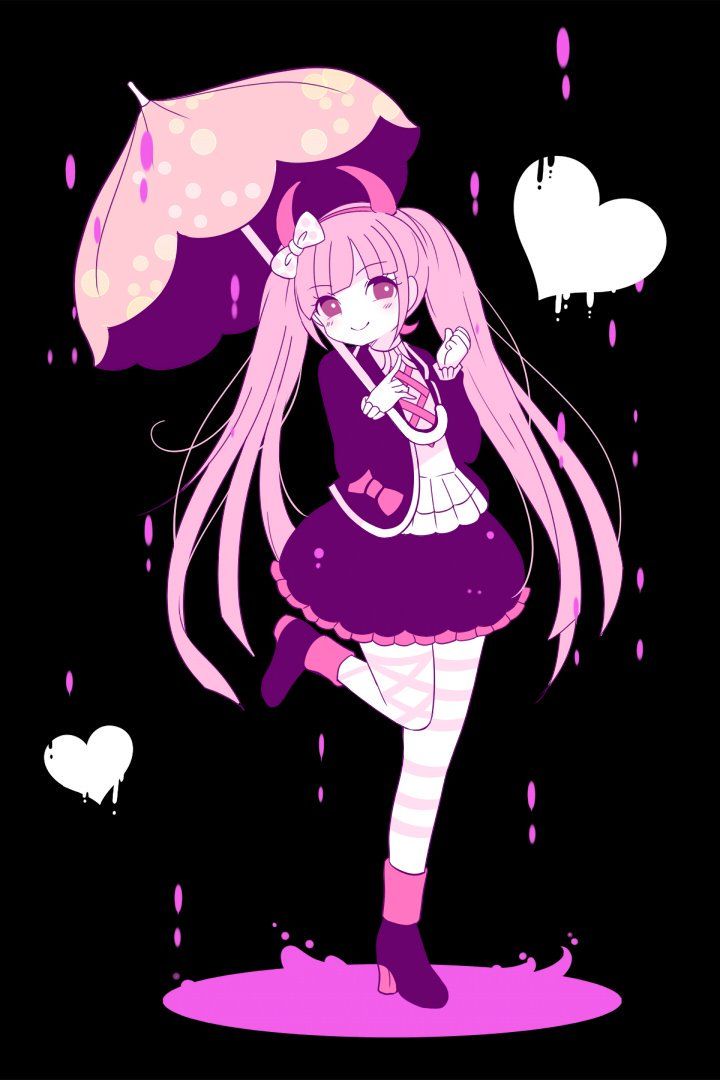 1girl asymmetrical_thighhighs black_background blood boots bow closed_mouth danganronpa_(series) danganronpa_another_episode:_ultra_despair_girls fake_horns female_focus heart high_heel_boots high_heels holding holding_umbrella horned_headwear horns long_hair looking_at_viewer matching_hair/eyes multicolored_thighhighs pink_blood pink_eyes pink_hair pink_horns pink_stripes pink_thighhighs raining_blood solo striped_clothes striped_thighhighs thighhighs umbrella utsugi_kotoko white_bow white_stripes white_thighhighs