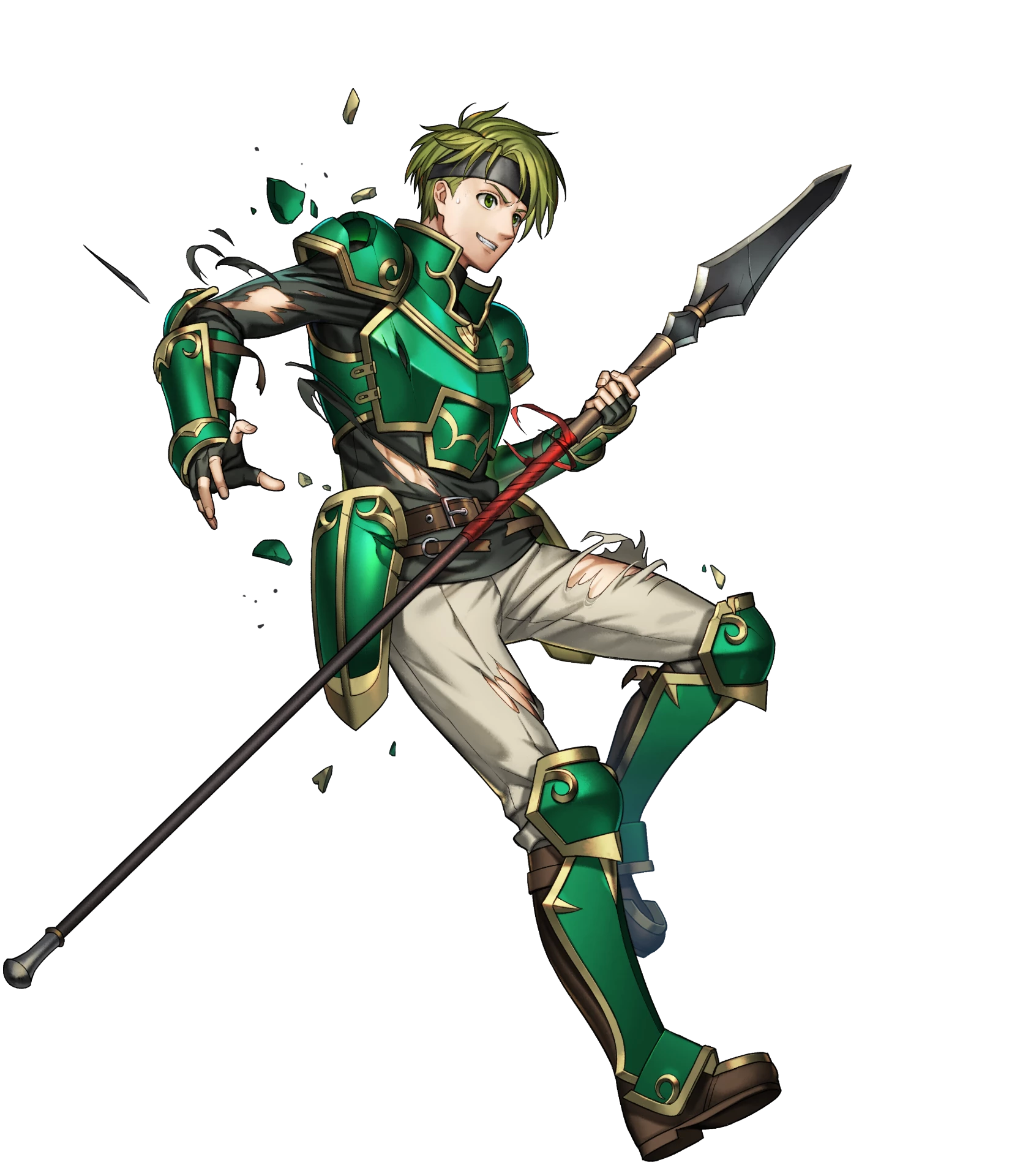1boy armor artist_request boots broken_armor elbow_pads fingerless_gloves fire_emblem fire_emblem:_the_blazing_blade fire_emblem_heroes full_body gauntlets gloves gold_trim green_armor green_eyes green_hair headband highres holding holding_polearm holding_weapon knee_boots long_sleeves looking_away male_focus nintendo non-web_source official_art pants parted_lips polearm sain_(fire_emblem) short_hair shoulder_armor smile spear teeth torn_clothes torn_pants transparent_background turtleneck weapon
