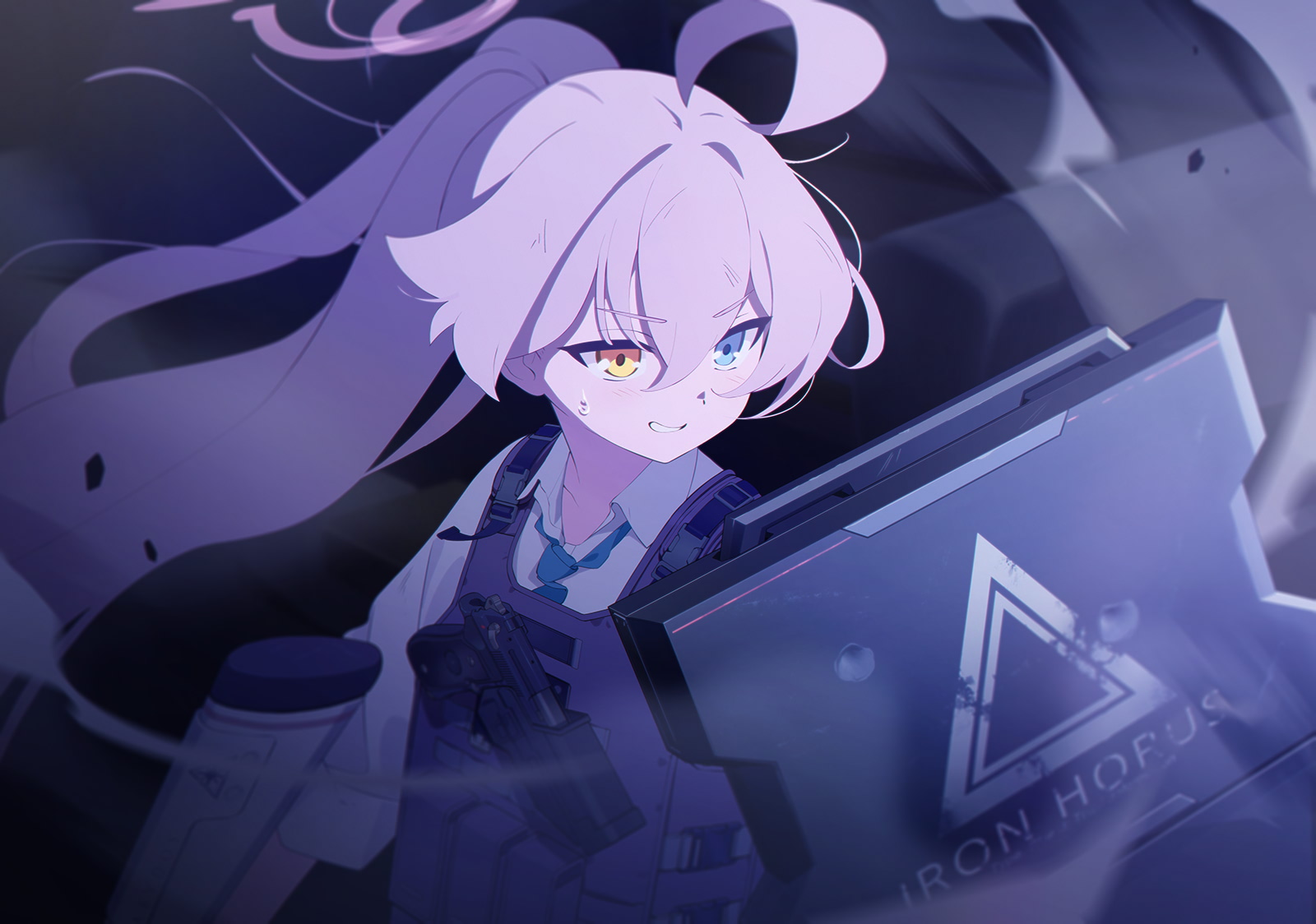 1girl ahoge aqua_eyes aqua_necktie artist_request ballistic_shield battle beretta_1301 blue_archive blush buckle bulletproof_vest collarbone collared_shirt game_cg grey_vest grin gun hair_between_eyes halo handgun heterochromia highres holding holding_gun holding_weapon hoshino_(armed)_(blue_archive) hoshino_(blue_archive) huge_ahoge loose_necktie necktie non-web_source official_art orange_eyes pink_hair pink_halo ponytail shield shirt shotgun smile smoke snap-fit_buckle solo spoilers sweat tactical_clothes teeth train_interior vest weapon white_shirt