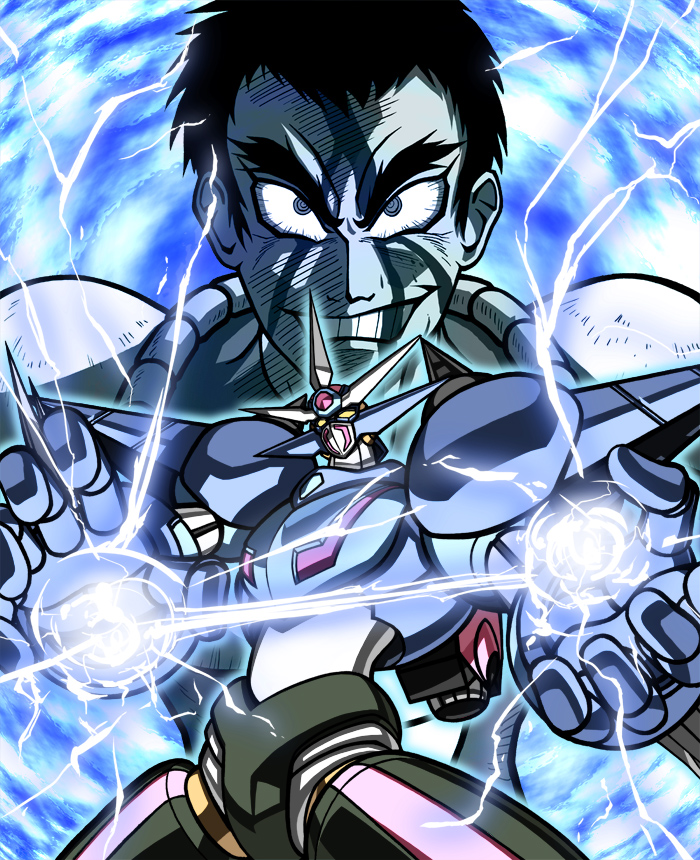 1boy black_hair blood bodysuit close-up electricity evil_grin evil_smile eyebrows fighting_stance getter_robo glowing gou_ichimonji grin ichimonji_gou male_focus manly mecha neo_getter-1 robot shin_getter_robo_vs_neo_getter_robo short_hair smile solo super_robot taaburu toei_animation