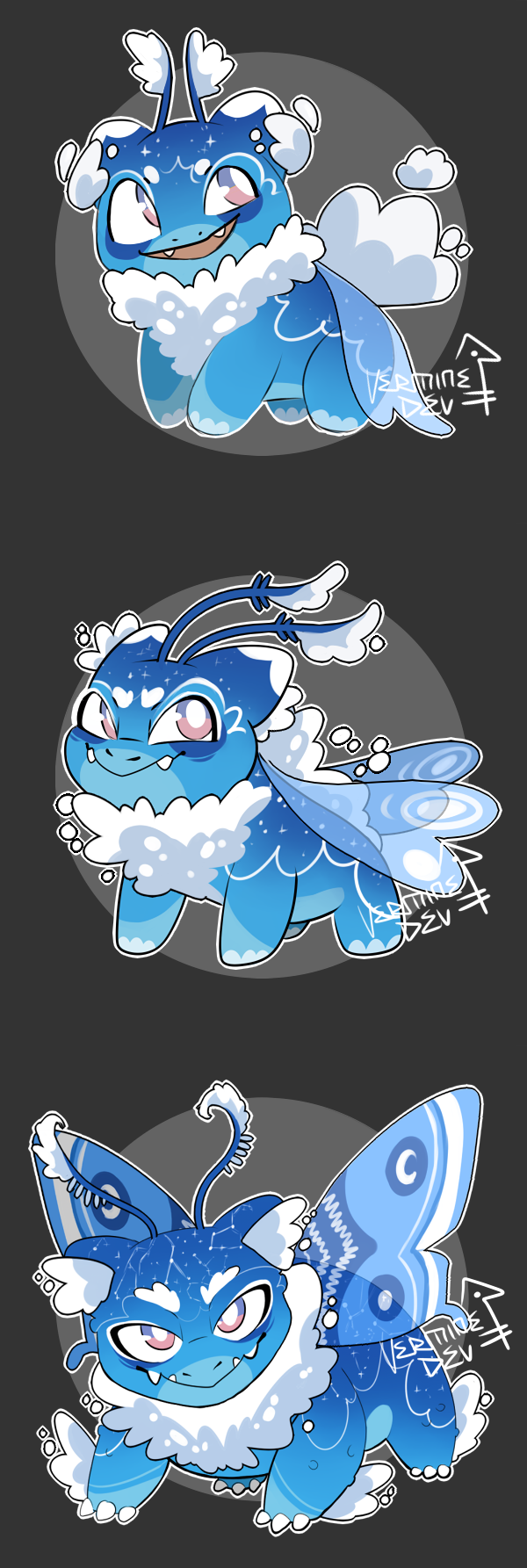 adoptable alternate_color antennae bright_pupils bulbasaur claws closed_mouth commentary english_commentary fangs full_body gen_1_pokemon grey_background highres ivysaur moth_antennae nintendo no_humans nostrils pink_eyes pokemon pokemon_(creature) redesign signature venusaur verminedev white_pupils wings
