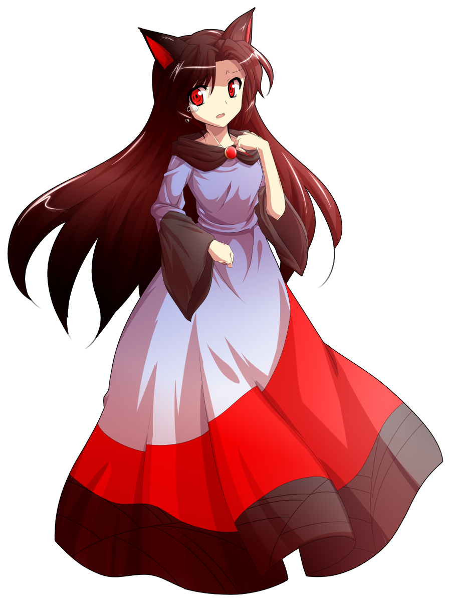1girl alphes_(style) animal_ears brooch brown_hair commentary_request dairi dress fingernails full_body highres imaizumi_kagerou jewelry long_fingernails long_hair long_sleeves open_mouth parody red_eyes smile smug solo style_parody tachi-e touhou transparent_background wide_sleeves wolf_ears