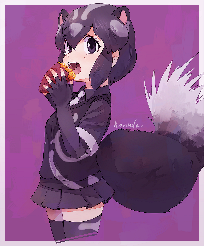 1girl animal_ears artist_name black_eyes black_gloves black_hair black_shirt black_skirt black_thighhighs black_vest blush border breasts commentary_request cowboy_shot eating elbow_gloves fangs food gloves hair_between_eyes hanada_(cobalt003) holding kemono_friends looking_at_viewer multicolored_hair necktie open_mouth pleated_skirt purple_background roasted_sweet_potato shirt short_hair short_sleeves simple_background skirt skunk_ears skunk_girl skunk_tail solo spotted_skunk_(kemono_friends) standing sweet_potato tail teeth thighhighs upper_teeth_only vest white_border white_hair white_necktie zettai_ryouiki