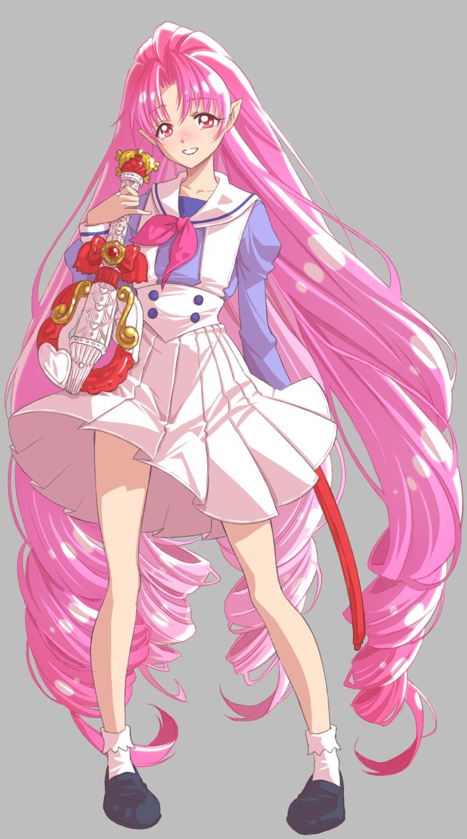 1girl akagi_towa blush cure_scarlet earrings go!_princess_precure gradient_background grey_background highres instrument jewelry jj_(ssspulse) long_hair looking_at_viewer magical_girl noble_academy_school_uniform pointy_ears precure purple_shirt quad_tails red_eyes red_hair school_uniform serafuku shirt skirt smile solo violin white_skirt