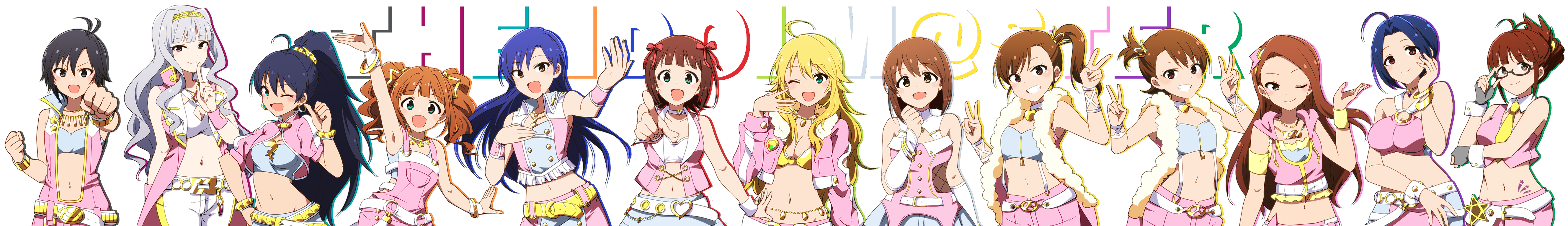 6+girls absurdres adjusting_eyewear ahoge akizuki_ritsuko amami_haruka antenna_hair arm_up armband armpits bare_shoulders belly_chain belt belt_buckle black-framed_eyewear black_eyes black_gloves black_hair blonde_hair blue_eyes blue_hair blue_pants blue_shirt blue_tube_top blush bob_cut bodypaint bra bracelet breasts brown_eyes brown_hair buckle chain_belt character_name choker cleavage clenched_hand clenched_hands closed_mouth clothing_cutout collar collarbone crop_top cropped_hoodie cropped_jacket cropped_shirt detached_collar detached_sleeves dot_nose double_v dress earrings fang fingerless_gloves fishnet_cutout flat_chest folded_ponytail fur-trimmed_collar fur-trimmed_jacket fur_trim futami_ami futami_mami ganaha_hibiki glasses gloves gold_belt gold_bracelet gold_hairband gold_necklace green_eyes grey_hair grin hagiwara_yukiho hair_ornament hairband hand_on_own_chest hand_on_own_elbow hand_on_own_face hand_on_own_hip hand_up hands_up heart heart_choker highres hood hood_down hoodie hoop_earrings hoshii_miki idolmaster idolmaster_(classic) idolmaster_million_live! idolmaster_million_live!_theater_days index_finger_raised jacket jewelry jumpsuit kidachi kikuchi_makoto kisaragi_chihaya large_breasts lightning_bolt lightning_bolt_hair_ornament lightning_bolt_symbol long_hair long_image long_sleeves looking_at_viewer luxury_(idolmaster) medium_breasts midriff minase_iori miniskirt miura_azusa multiple_bracelets multiple_girls multiple_necklaces navel necklace necktie o-ring o-ring_top one_eye_closed open_clothes open_hand open_jacket open_mouth pants pink_diamond_765_(idolmaster) pink_hoodie pink_jacket pink_jumpsuit pink_shirt pink_shorts pink_skirt ponytail purple_eyes reaching reaching_towards_viewer red_eyes semi-rimless_eyewear shijou_takane shirt short_hair shorts side_ponytail simple_background skirt sleeveless sleeveless_dress sleeveless_hoodie sleeveless_jacket sleeveless_jumpsuit sleeveless_shirt small_breasts smile star_(symbol) star_hair_ornament star_necklace strapless studded_belt studded_bracelet suspender_shorts suspender_skirt suspenders takatsuki_yayoi thumbs_up translation_request tube_top twintails two-tone_dress two-tone_shirt two-tone_skirt under-rim_eyewear underwear upper_body v v-shaped_eyebrows white_background white_belt white_choker white_collar white_pants white_shirt white_sleeves white_wrist_cuffs wide_image wrist_cuffs y2k_fashion yellow_armband yellow_belt yellow_bra yellow_hairband yellow_necktie zipper zipper_pull_tab