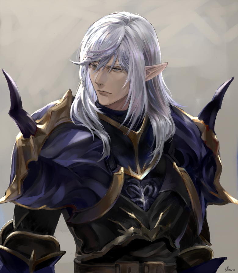 1boy armor belt blue_armor blue_eyes breastplate brown_belt closed_mouth dragoon_(final_fantasy) elezen elf estinien_varlineau final_fantasy final_fantasy_xiv gauntlets gold_trim grey_background hair_between_eyes hair_over_shoulder looking_to_the_side male_focus medium_hair pointy_ears serious shoulder_armor sidelocks solo spiked_pauldrons spikes toroyuri upper_body white_hair