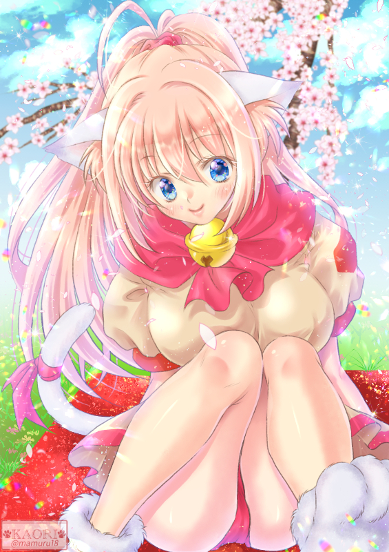 1girl animal_ears arm_behind_back bell blue_eyes blue_sky branch breasts cat_ears cat_tail cherry_blossoms cloud dress flower hair_between_eyes high_ponytail kaori_(mamuru18) large_breasts leotard long_hair looking_at_viewer melody_sinclair outdoors paw_shoes petals pink_hair pink_leotard ponytail ribbon short_sleeves sitting sky smile solo tail tail_ornament tail_ribbon thighs wide_ponytail yellow_dress yuukyuu_gensoukyoku