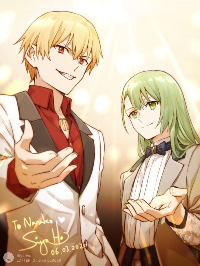 2boys alternate_costume black_neckwear blonde_hair bow bowtie contemporary dated enkidu_(fate) fate/grand_order fate_(series) gilgamesh_(fate) green_eyes green_hair grey_jacket grin jacket jewelry lofter_username long_hair multiple_boys necklace outstretched_hand red_eyes red_shirt shirt signature siya_ho smile tuxedo upper_body white_jacket