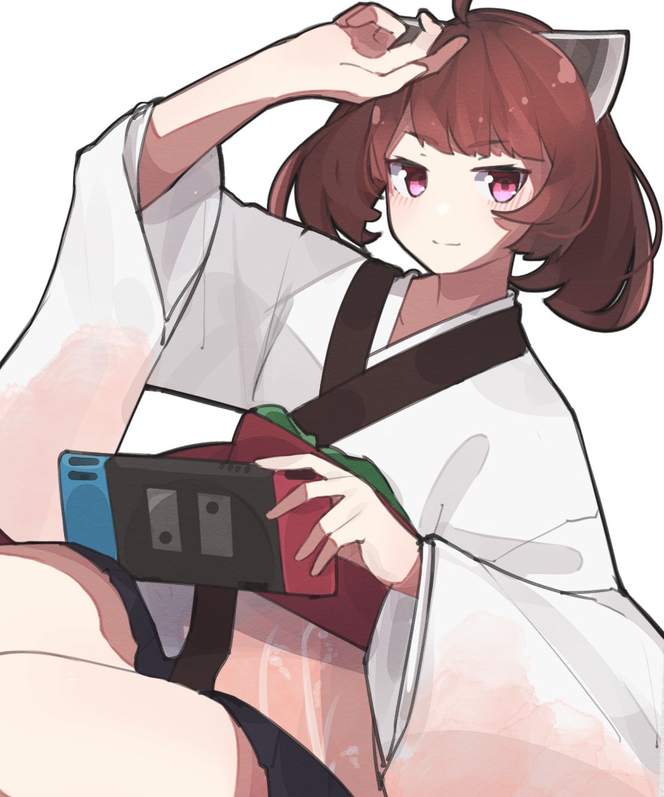 1girl ahoge black_outline black_skirt blunt_bangs brown_hair closed_mouth commentary gradient_clothes gradient_kimono hand_up handheld_game_console headgear holding holding_handheld_game_console japanese_clothes kimono looking_at_viewer medium_hair miniskirt mo_kiduti nintendo_switch obi obiage outline pink_eyes pleated_skirt print_kimono red_sash sash sidelocks simple_background skirt smile solo touhoku_kiritan twintails voiceroid white_background white_kimono wide_sleeves