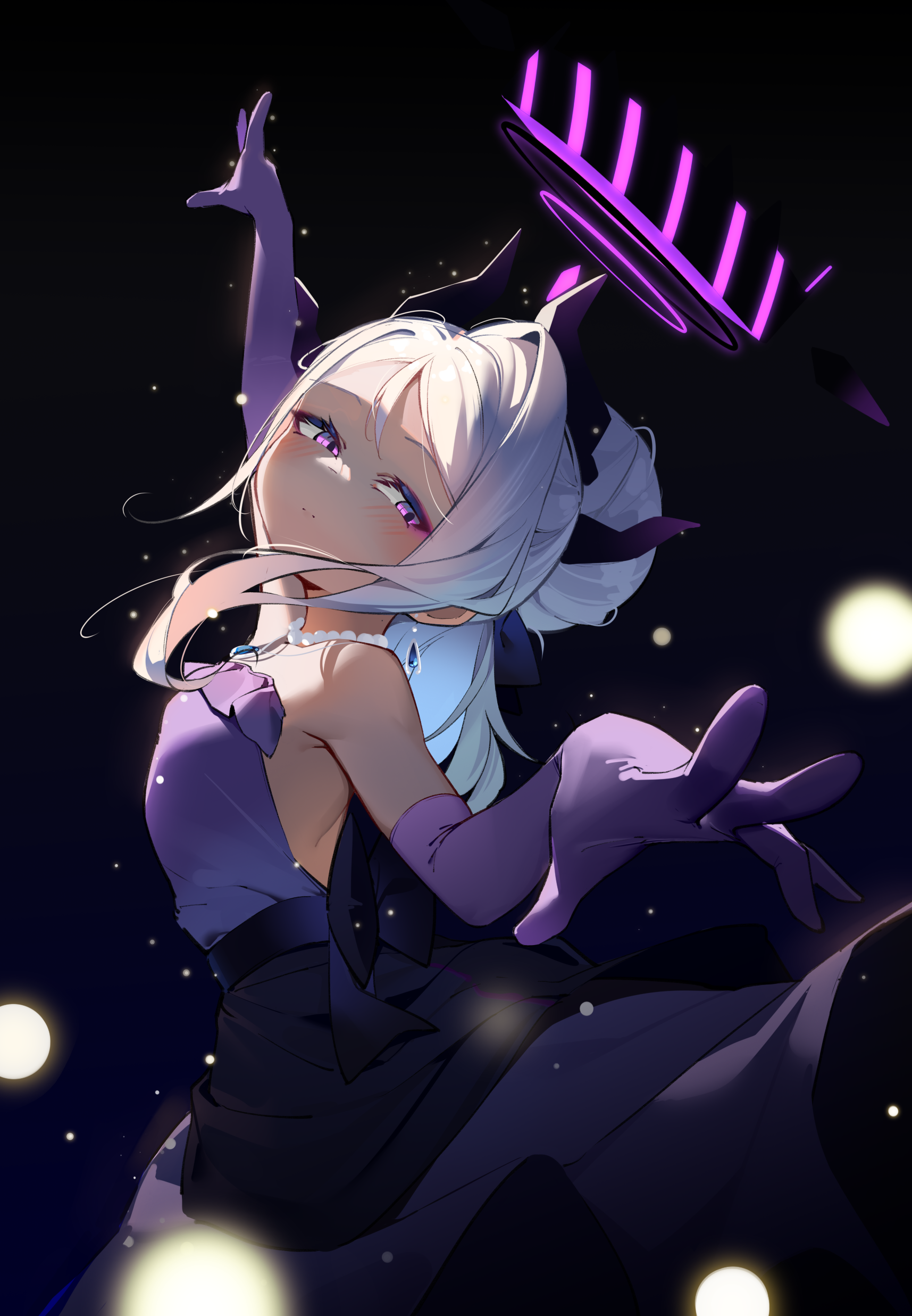 1girl absurdres bare_shoulders blue_archive blush closed_mouth demon_girl demon_horns dress elbow_gloves gloves hair_between_eyes highres hina_(blue_archive) hina_(dress)_(blue_archive) horns jewelry long_hair looking_at_viewer necklace official_alternate_costume official_alternate_hairstyle painterliuhao purple_dress purple_eyes purple_gloves sidelocks solo white_hair
