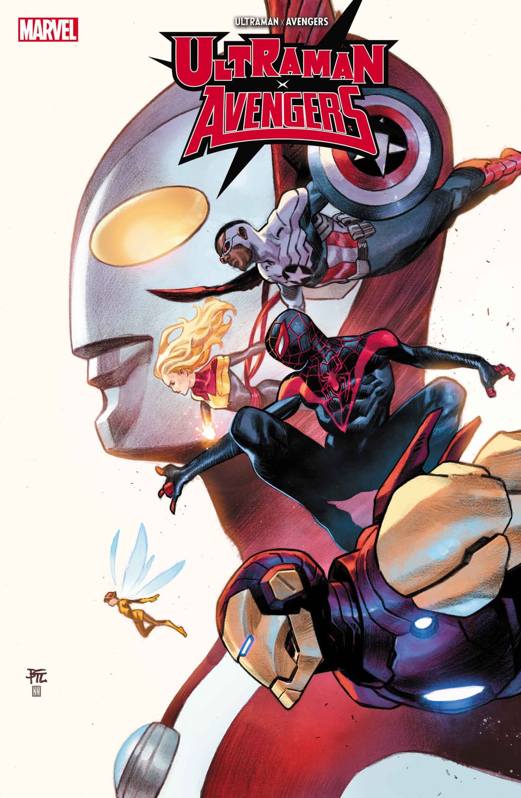 alien avengers_(series) captain_america captain_america_(series) captain_marvel crossover dike_ruan giant glowing glowing_eyes highres iron_man iron_man_(series) marvel miles_morales multiple_crossover official_art sam_wilson spider-man_(miles_morales) spider-man_(series) superhero_costume tokusatsu tsuburaya_productions ultra_series ultraman ultraman_(1st_series) wasp_(marvel) white_background yellow_eyes