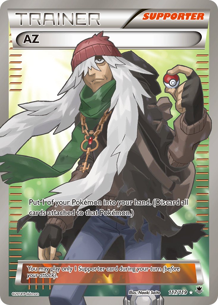 1boy artist_name az_(pokemon) black_cloak black_gloves blue_pants brown_sweater chain chain_necklace character_name cloak closed_mouth copyright_name copyright_notice english_text fingerless_gloves gloves green_scarf hair_over_one_eye hat holding holding_poke_ball jewelry key key_necklace long_hair long_sleeves necklace nintendo official_art pants poke_ball poke_ball_(basic) pokemon pokemon_card pokemon_tcg pokemon_xy red_hat saitou_naoki scarf solo standing sweater third-party_source torn_cloak torn_clothes trading_card white_hair