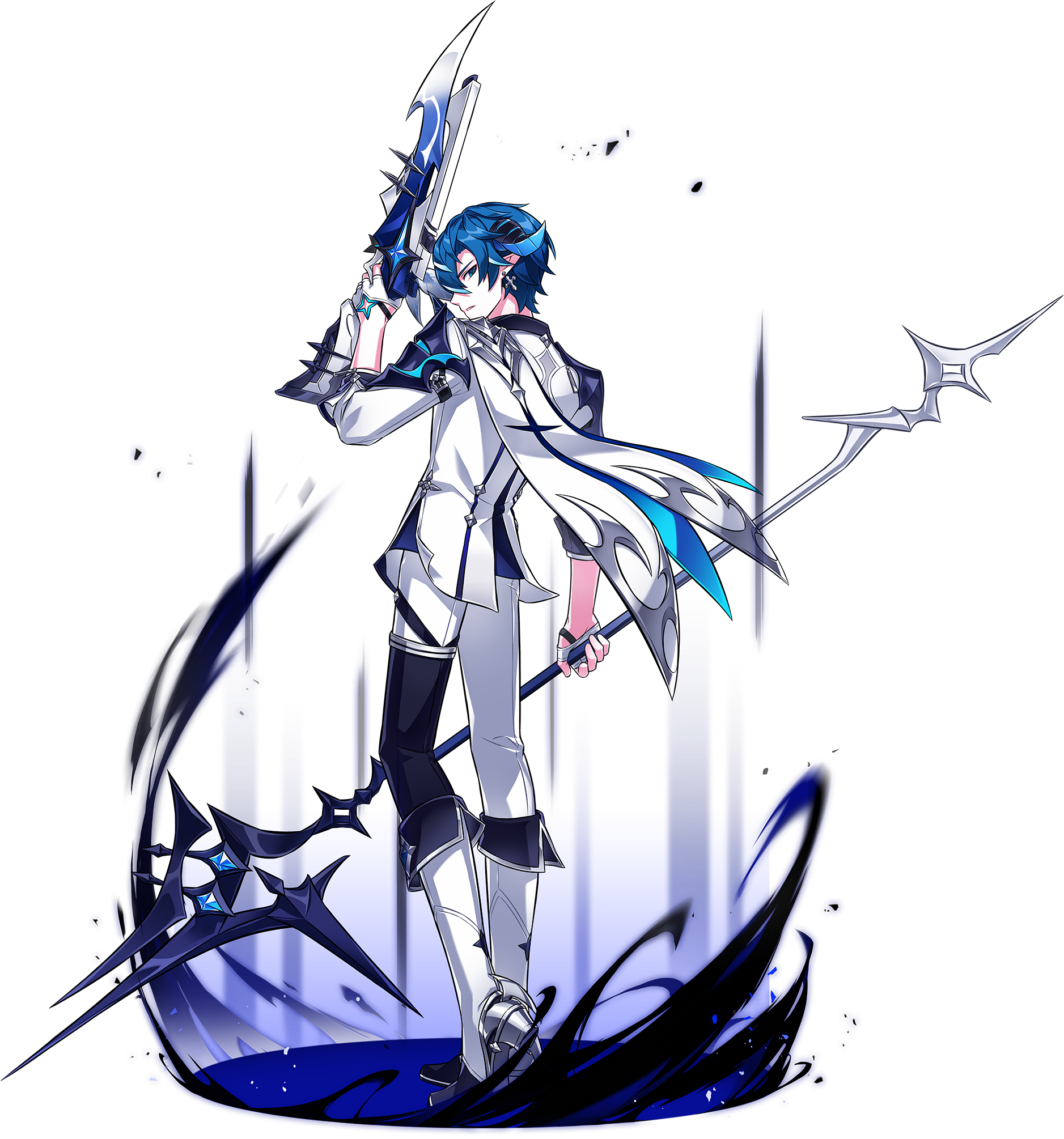 1boy armor armored_boots bandaged_fingers bandages blue_hair boots cape ciel_(elsword) closed_mouth collared_jacket cross cross_earrings cross_print cup dress_pants dual_persona earrings elsword fingerless_gloves from_behind full_body game_cg glaive_(polearm) gloves grey_boots hair_between_eyes high_heel_boots high_heels highres holding holding_cup holding_polearm holding_weapon hwansang jacket jewelry light_particles looking_at_viewer looking_back magic male_focus official_art pants pauldrons pointy_ears pointy_nose polearm second-party_source short_hair shoulder_armor single_fingerless_glove solo standing tachi-e transparent_background weapon white_cape white_gloves white_jacket white_pants