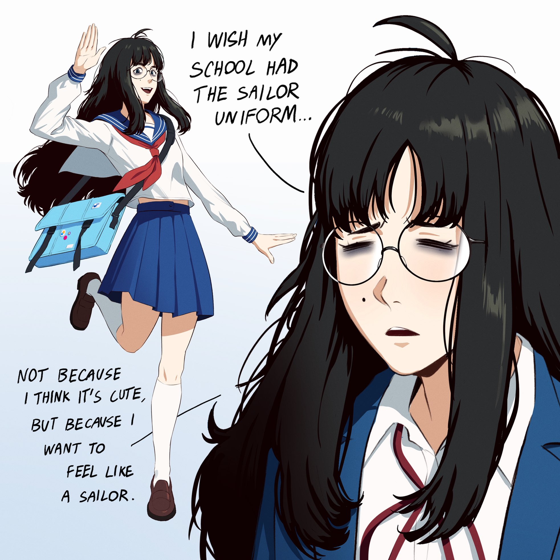 1girl antenna_hair bags_under_eyes black_hair blue_skirt english_text francisco_mon glasses highres long_hair messy_hair mole mole_under_eye neckerchief open_mouth original pleated_skirt red_neckerchief round_eyewear sailor_collar school_uniform serafuku shirt skirt umi_(francisco_mon)
