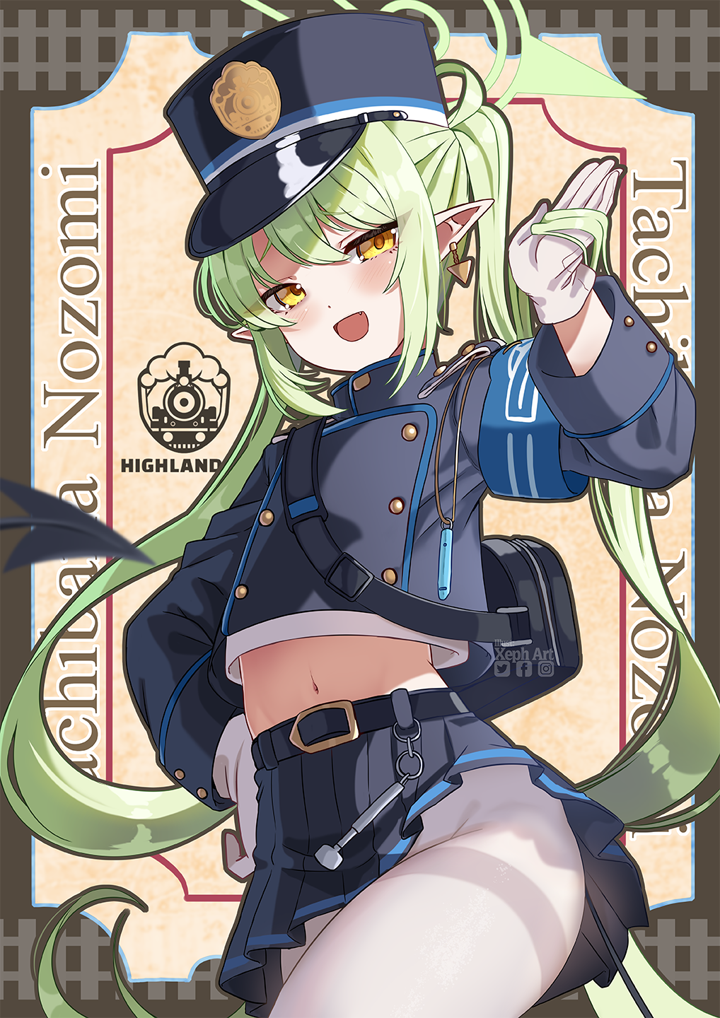 1girl armband bag black_jacket black_skirt blue_archive blue_armband commentary cropped_jacket earrings gloves green_hair green_halo halo hat highres jacket jewelry long_hair long_sleeves looking_at_viewer midriff miniskirt navel nozomi_(blue_archive) open_mouth pantyhose peaked_cap pleated_skirt pointy_ears shoulder_bag skirt solo thighband_pantyhose twintails very_long_hair white_gloves white_pantyhose xephonia yellow_eyes