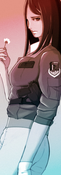 1girl ace_combat ace_combat_04 bad_id bad_pixiv_id black_hair brown_eyes dark-skinned_female dark_skin female_focus flower gun handgun holster jacket jiutian long_hair military namco original pistol solo weapon yellow_4