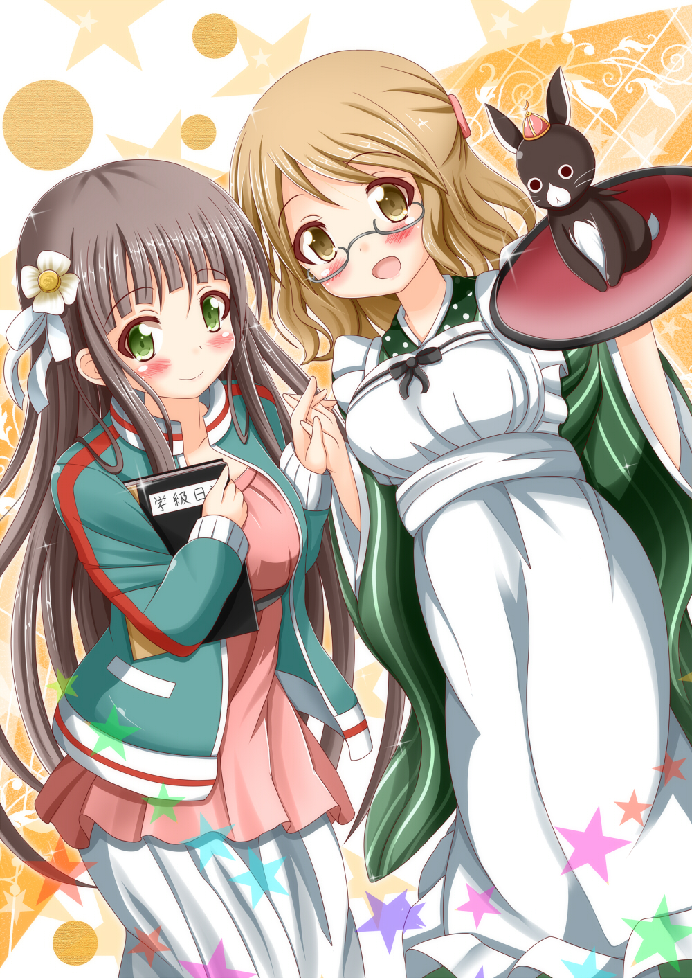 2girls ama_usa_an_uniform animal anko_(gochiusa) blunt_bangs blush breasts brown_eyes brown_hair commentary_request cosplay costume_switch crescent crossover crown glasses gochuumon_wa_usagi_desu_ka? green_eyes green_kimono half_updo highres jacket japanese_clothes karasuma_sakura kimono kin-iro_mosaic long_hair long_sleeves manga_time_kirara medium_breasts mini_crown multiple_girls polka_dot_trim rabbit satou_satomi semi-rimless_eyewear short_hair smile striped_clothes striped_kimono track_jacket ujimatsu_chiya under-rim_eyewear voice_actor_connection wide_sleeves xenon_(for_achieve)