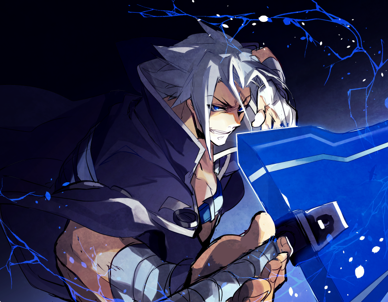 1boy bandages blazblue blue_eyes cape eyebrows hyakuhachi_(over3) kagura_mutsuki looking_at_viewer male_focus short_hair smile smug solo weapon white_hair